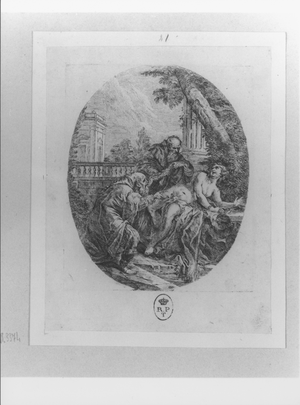 Susanna e i vecchioni, Susanna accusata dai vecchi (stampa tagliata) di Tiepolo Gian Domenico (sec. XVIII)