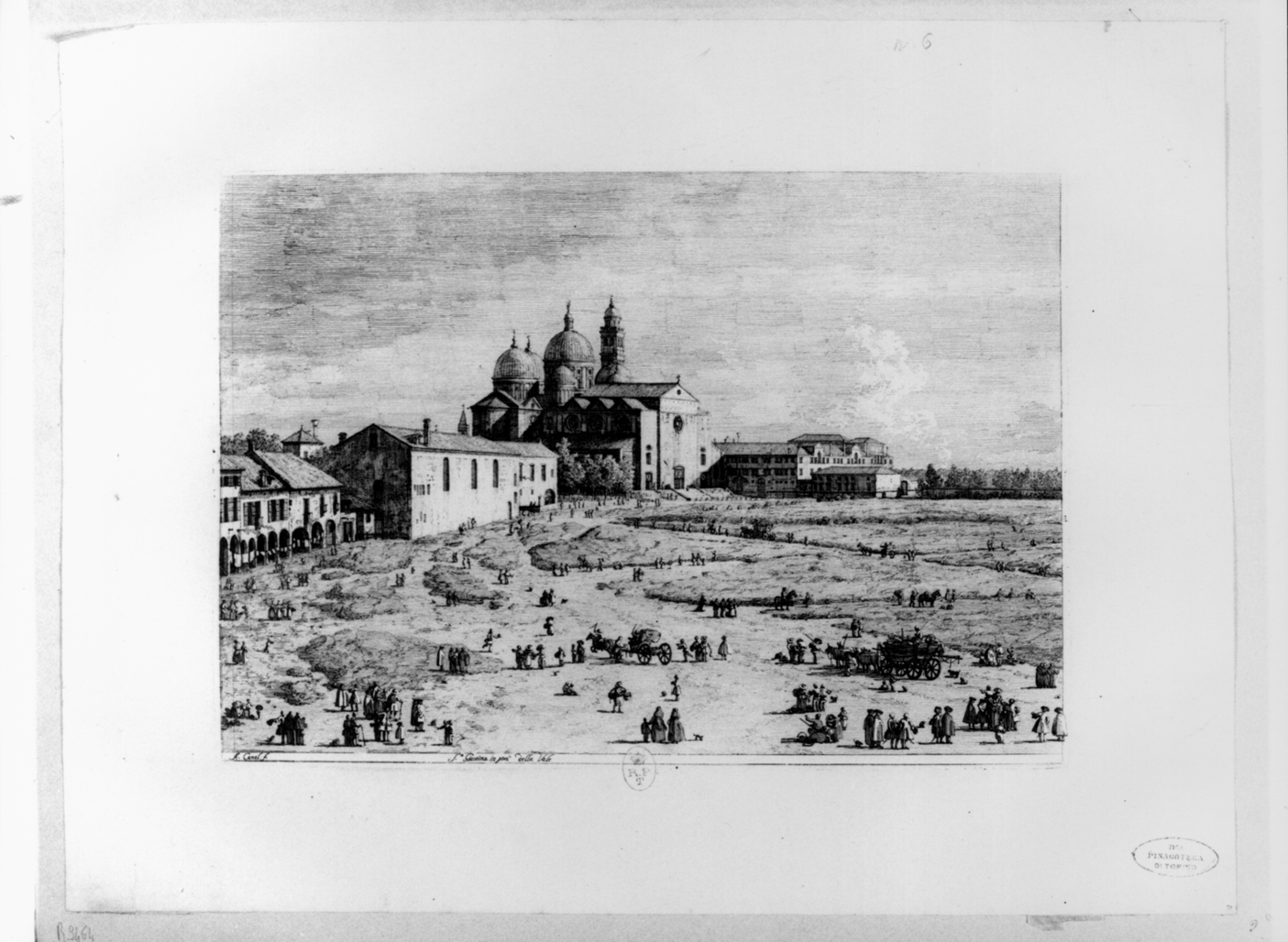 Santa Giustina in Prà della Valle, veduta di Prato della Valle con la chiesa di S. Giustina in Padova (stampa, serie) di Canal Giovanni Antonio detto Canaletto (secondo quarto sec. XVIII)