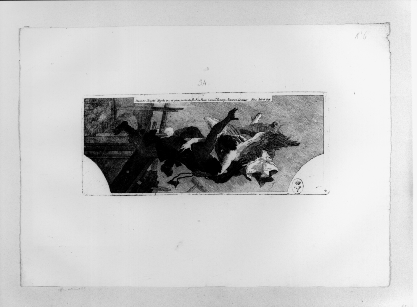 Artigiano salvato dalla morte da uno scapolare, frescante salvato miracolosamente da uno scapolare (stampa) di Tiepolo Giovanni Battista, Tiepolo Gian Domenico (secondo quarto sec. XVIII)