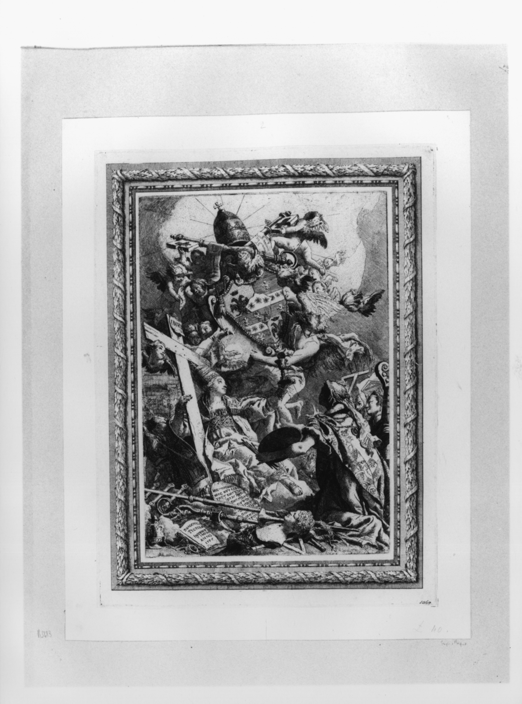 Le arti rendono omaggio all'autorità pontificia di Pio VI, Frontespizio della Raccolta 1775, frontespizio: omaggio delle arti a papa Pio VI (stampa) di Tiepolo Gian Domenico (ultimo quarto sec. XVIII)