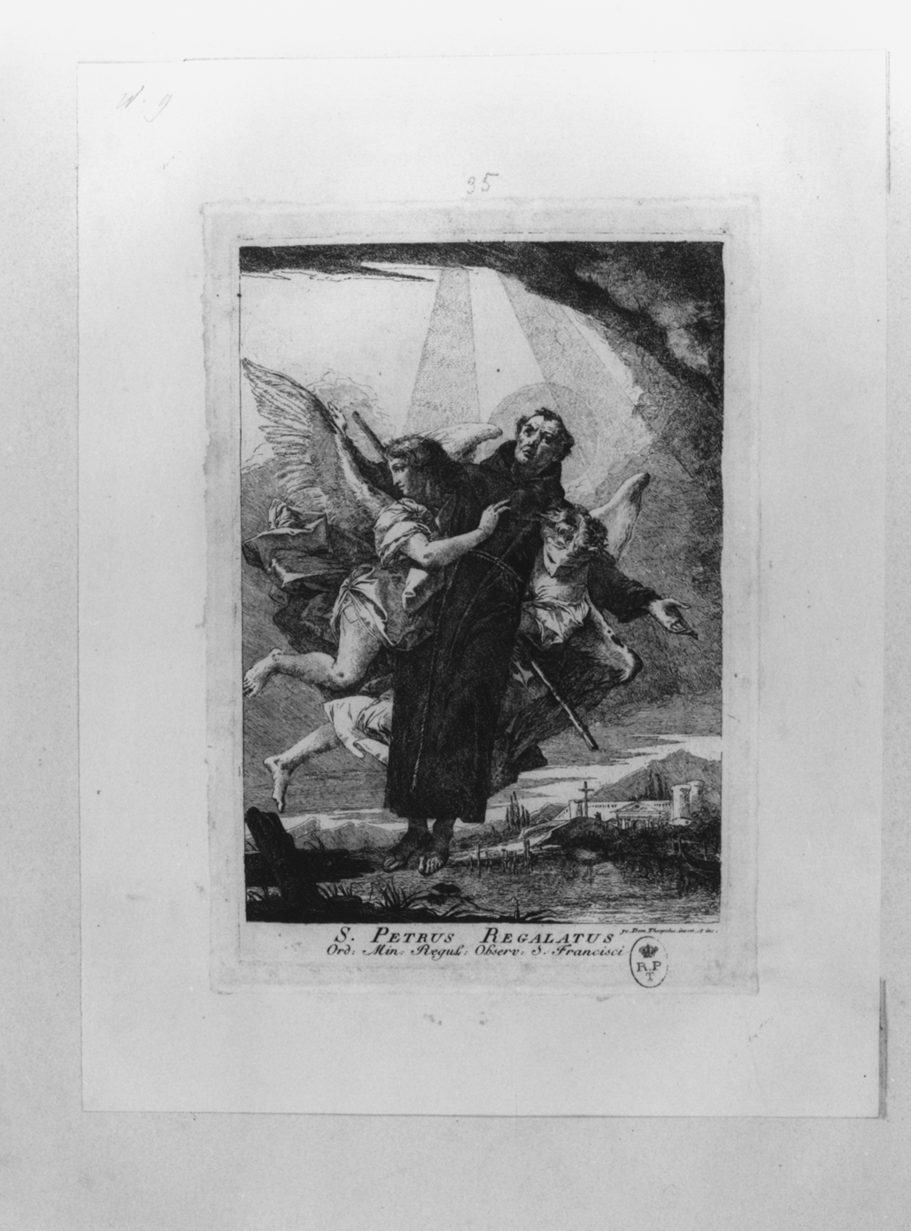 San Pietro Regalato trasportato dagli angeli al di là di un fiume, San Pietro Regalato (stampa) di Tiepolo Gian Domenico (secondo quarto sec. XVIII)