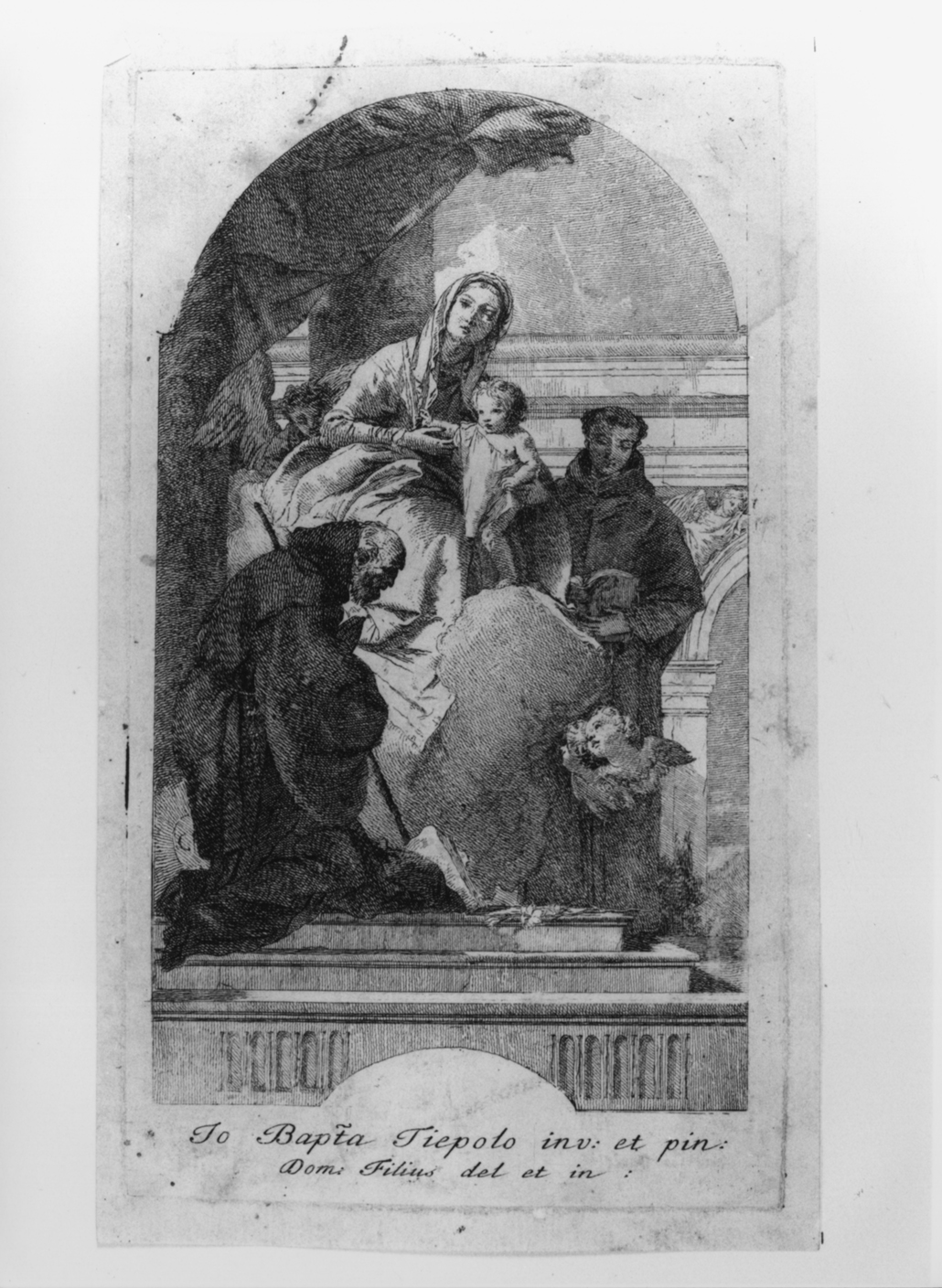 Vergine con Bambino, San Francesco da Paola e Sant'Antonio da Padova, Madonna con Bambino, San Francesco da Paola, Sant'Antonio da Padova e angeli (stampa) di Tiepolo Giovanni Battista, Tiepolo Gian Domenico (sec. XVIII)