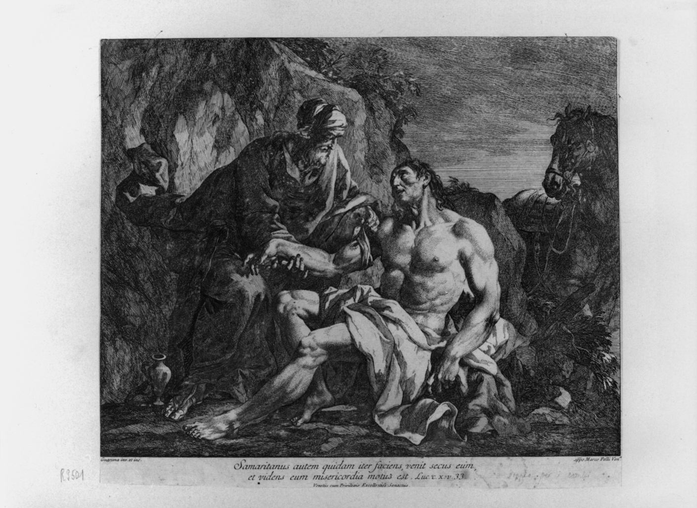 La parabole du Bon Samaritain, parabola del buon samaritano (stampa tagliata) di Guarana Giacomo (seconda metà sec. XVIII)