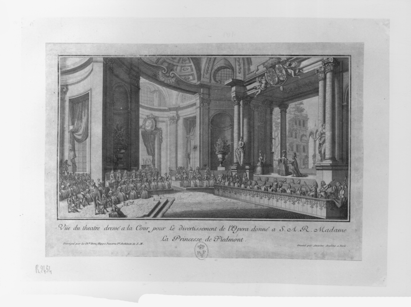 Veduta del teatro allestito per la principessa di Piemonte nel palazzo reale di Torino (stampa, elemento d'insieme) di Aveline Antoine, Juvarra Filippo (primo quarto sec. XVIII)