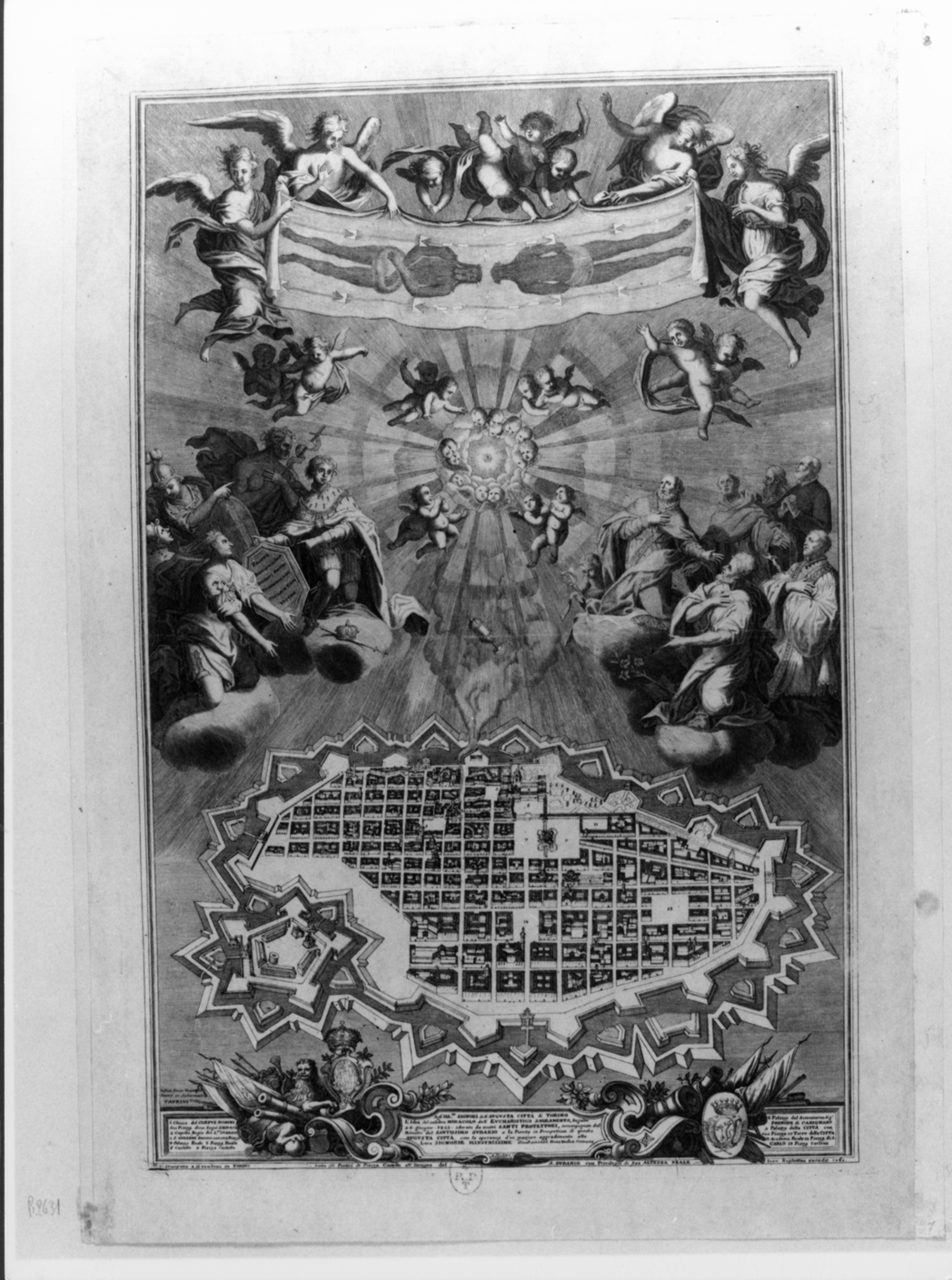 Sacra Sindone e pianta della città di Torino (stampa, elemento d'insieme) di Grampini Giulio Cesare, Boglietto Giovanni (terzo quarto sec. XVIII)