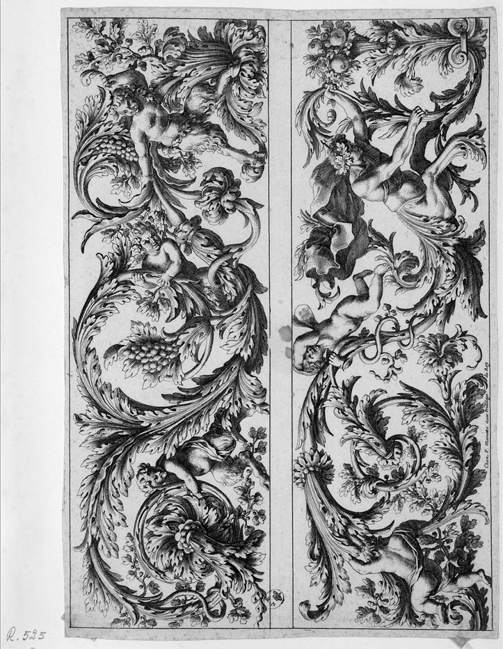 Decorazioni, motivi decorativi vegetali con satiri e putti (stampa smarginata) - ambito francese (prima metà sec. XVIII)