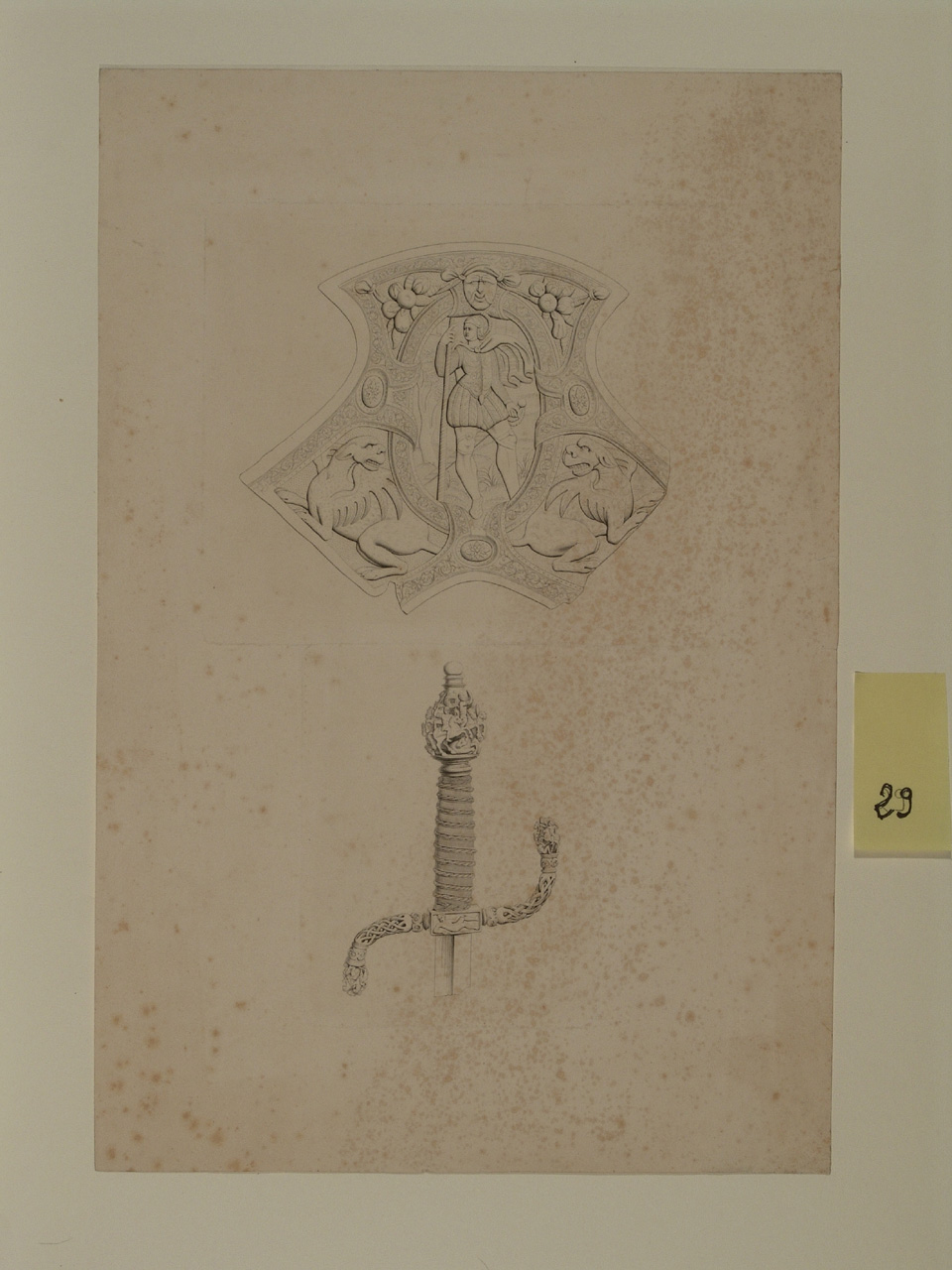 Arcione di sella e elsa della spada di Cellini, armi (stampa, stampa composita) di Carelli Giacomo (secondo quarto sec. XIX)
