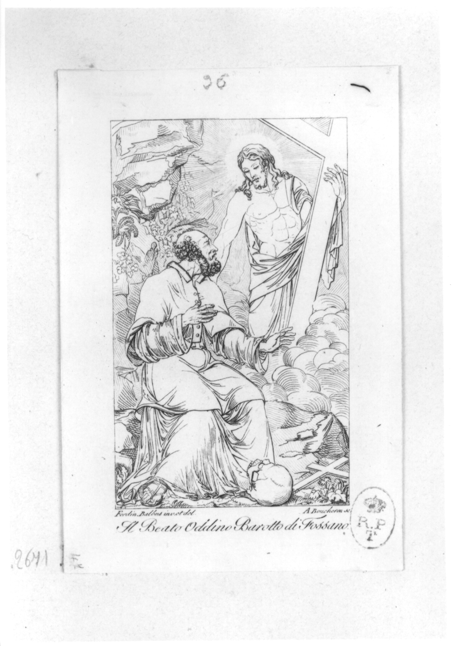 Il beato Oddino Barotto di Fossano, Scena religiosa (stampa smarginata) di Boucheron Angelo Michele, Balbo Ferdinando (inizio sec. XIX)