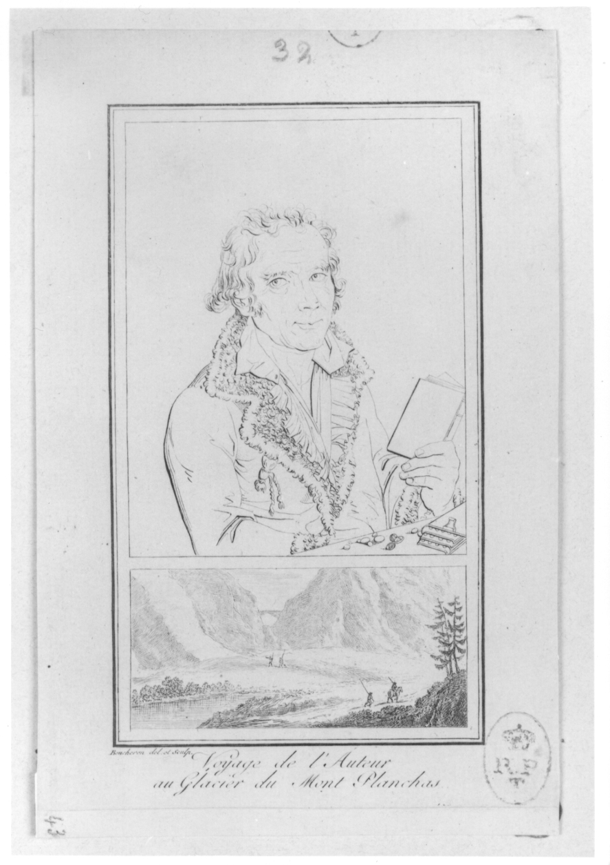 Viaggio dell'autore al ghiacciao del Monte Planchas, Figura maschile con paesaggio (stampa smarginata) di Boucheron Angelo Michele (prima metà sec. XIX)