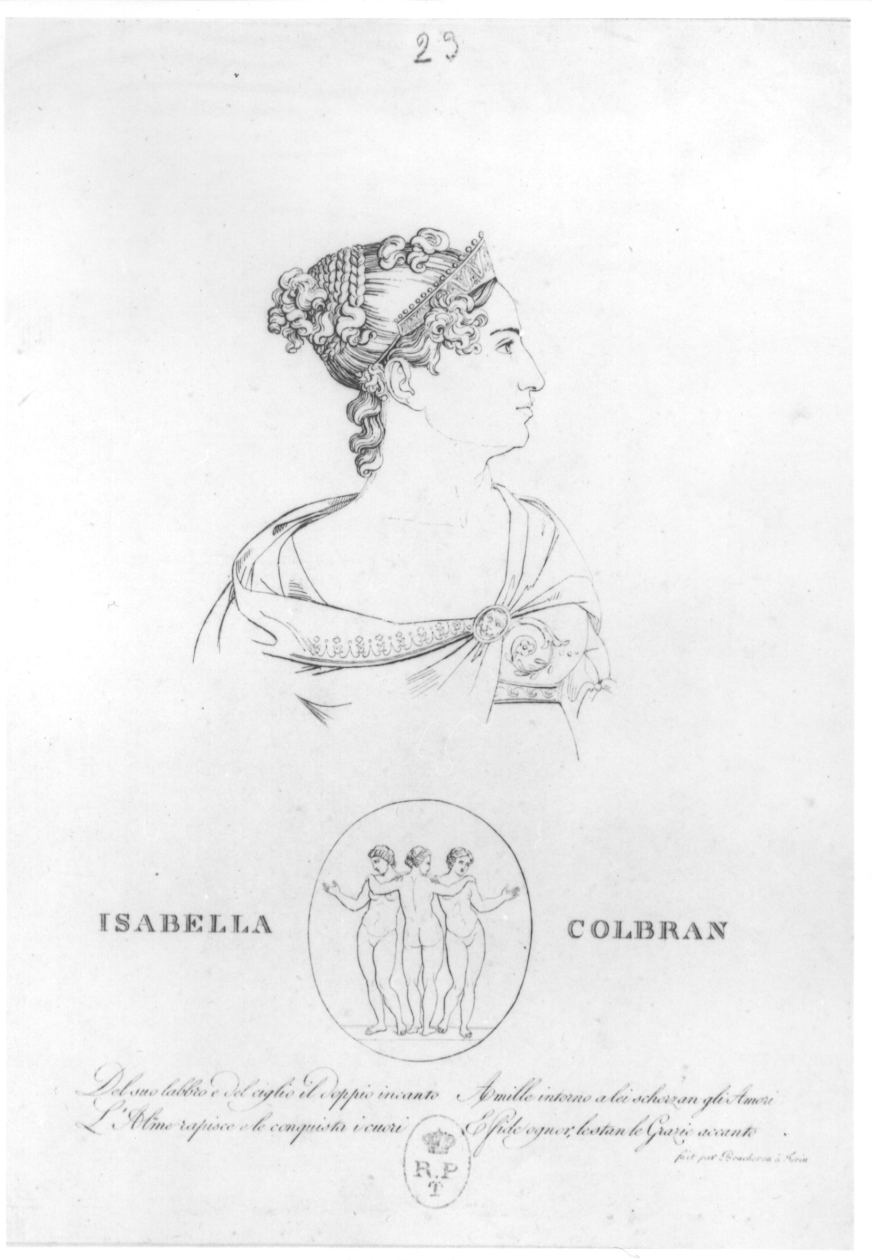 Ritratto di Isabella Colbran, Ritratto femminile con le Tre Grazie (stampa) di Boucheron Angelo Michele (sec. XIX)