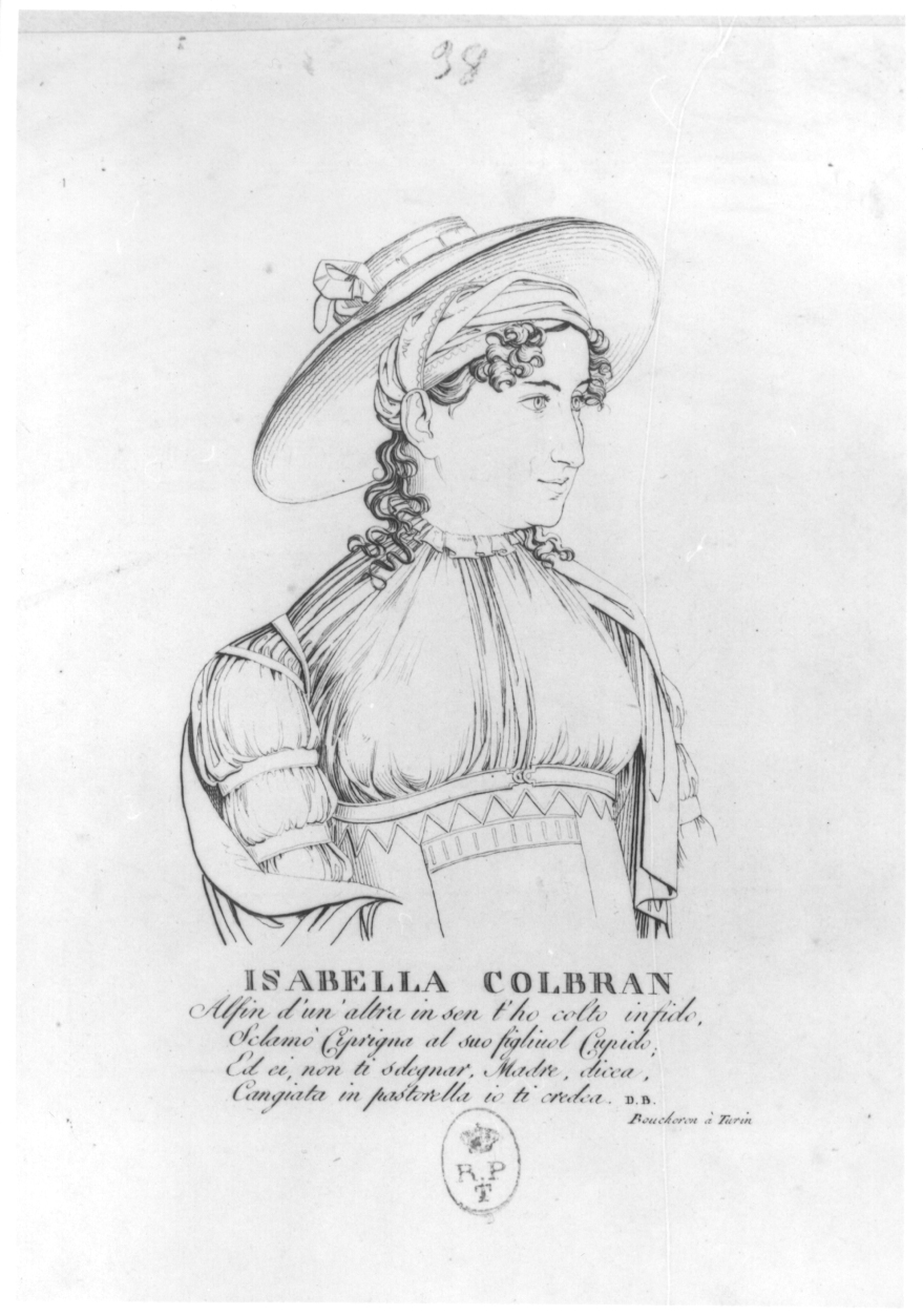 Ritratto di Isabella Colbran, Ritratto femminile in costume di Ciprigna (stampa) di Boucheron Angelo Michele (sec. XIX)