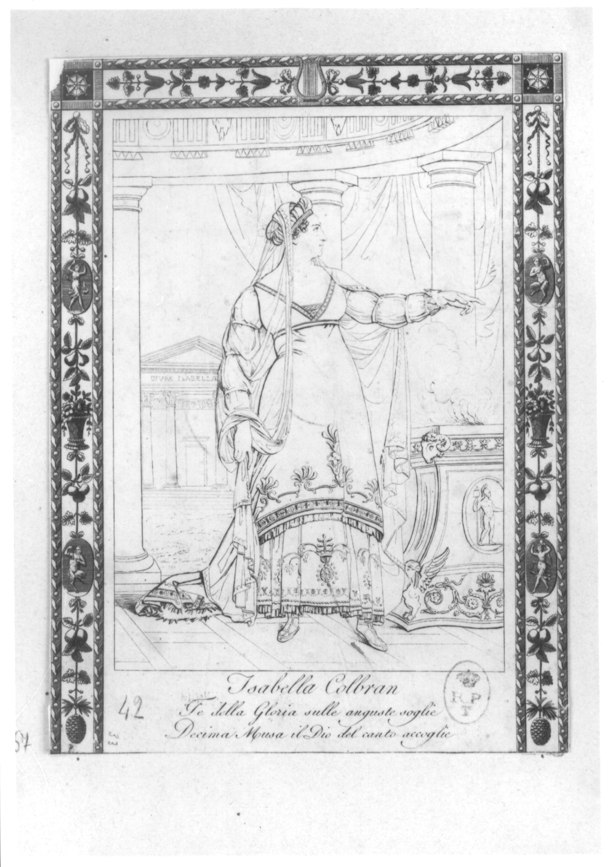 Ritratto di Isabella Colbran, Ritratto femminile in costume da sacerdotessa (stampa) di Boucheron Angelo Michele (sec. XIX)
