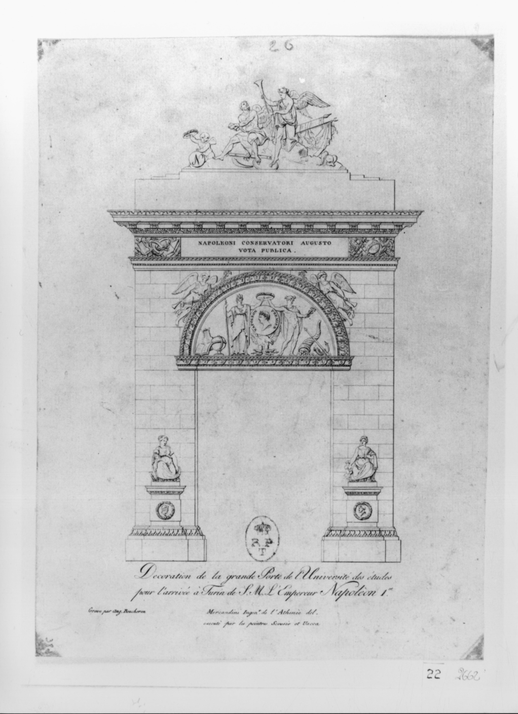 Decorazione della porta dell'Università per l'ingresso di Napoleone Bonaparte a Torino (stampa, elemento d'insieme) di Boucheron Angelo Michele (inizio sec. XIX)