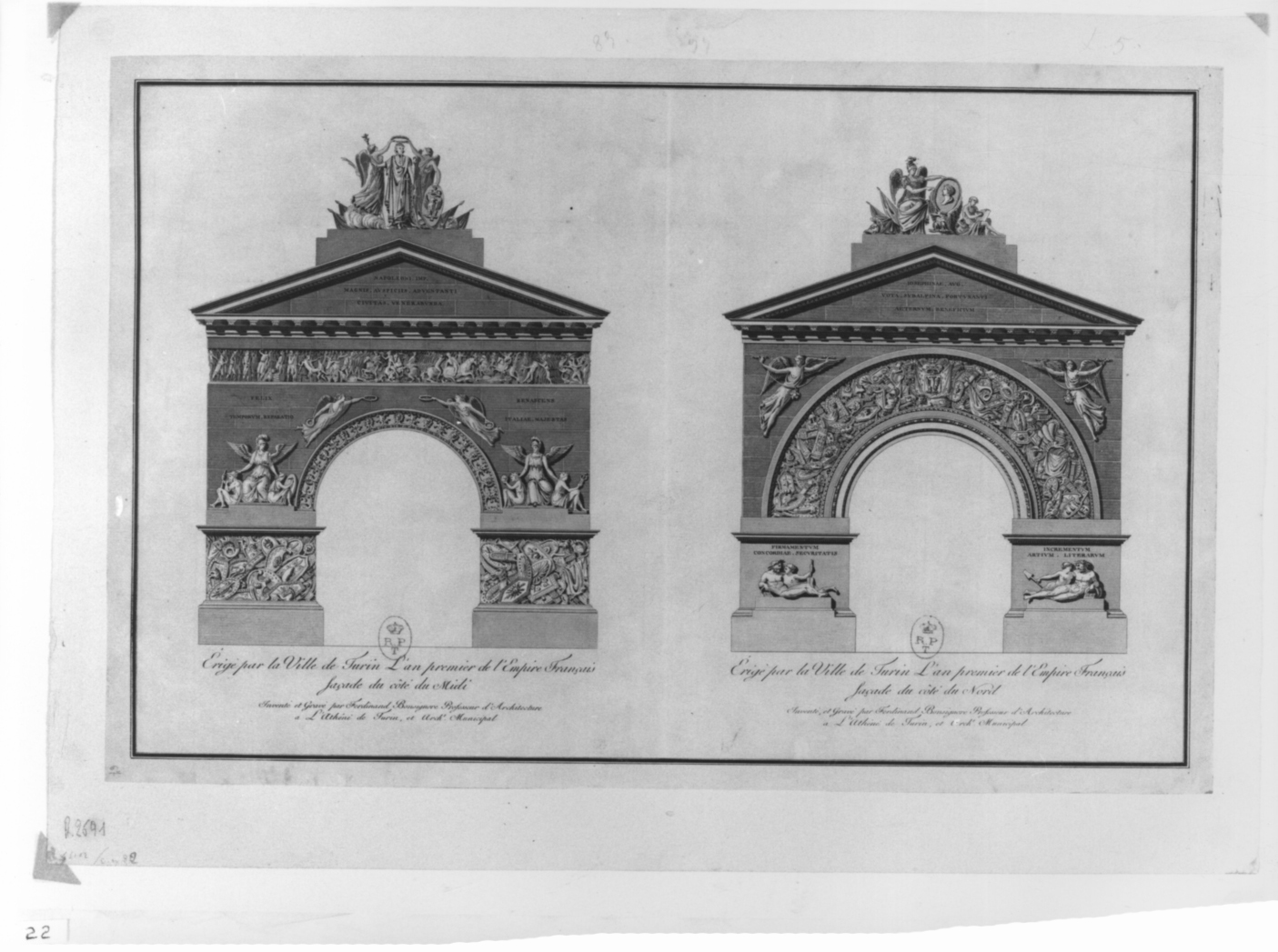 Arco eretto a Torino in onore di Napoleone Bonaparte (stampa, elemento d'insieme) di Bonsignore Ferdinando (inizio sec. XIX)