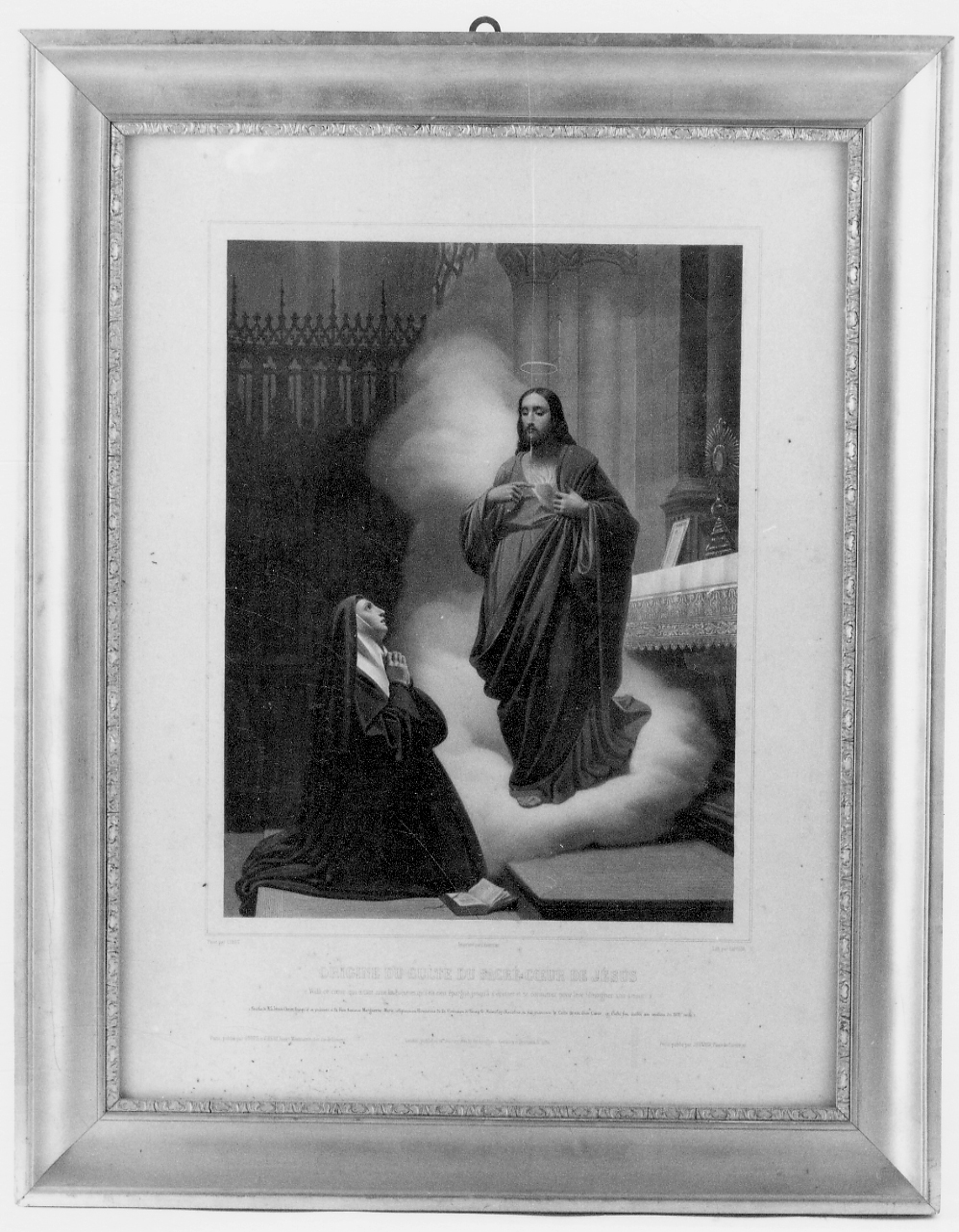 Origine du culte du Sacre-Coeur de Jésus, apparizione di Cristo alla beata Margherita di Paray (stampa) di Lafosse Adolphe, Lemercier Alfred Leon (sec. XIX)