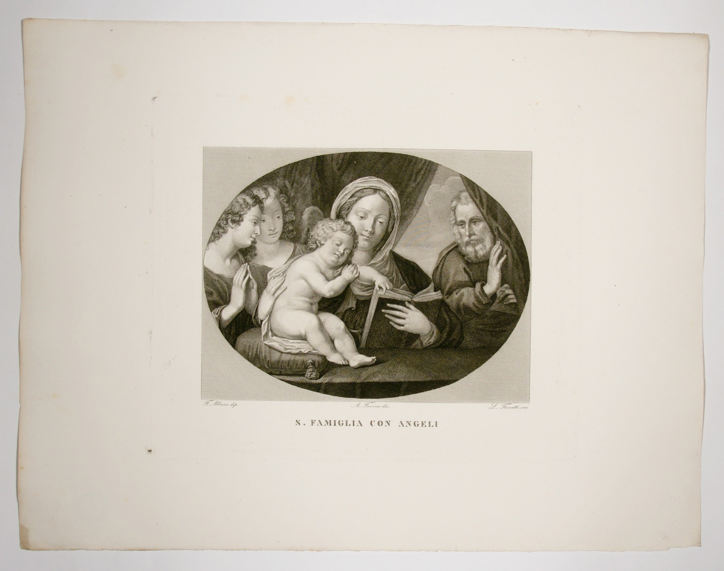 S. Famiglia con angeli, Sacra Famiglia (stampa, serie) di Albani Francesco, Farina Achille, Ferretti Lodovico (sec. XIX)