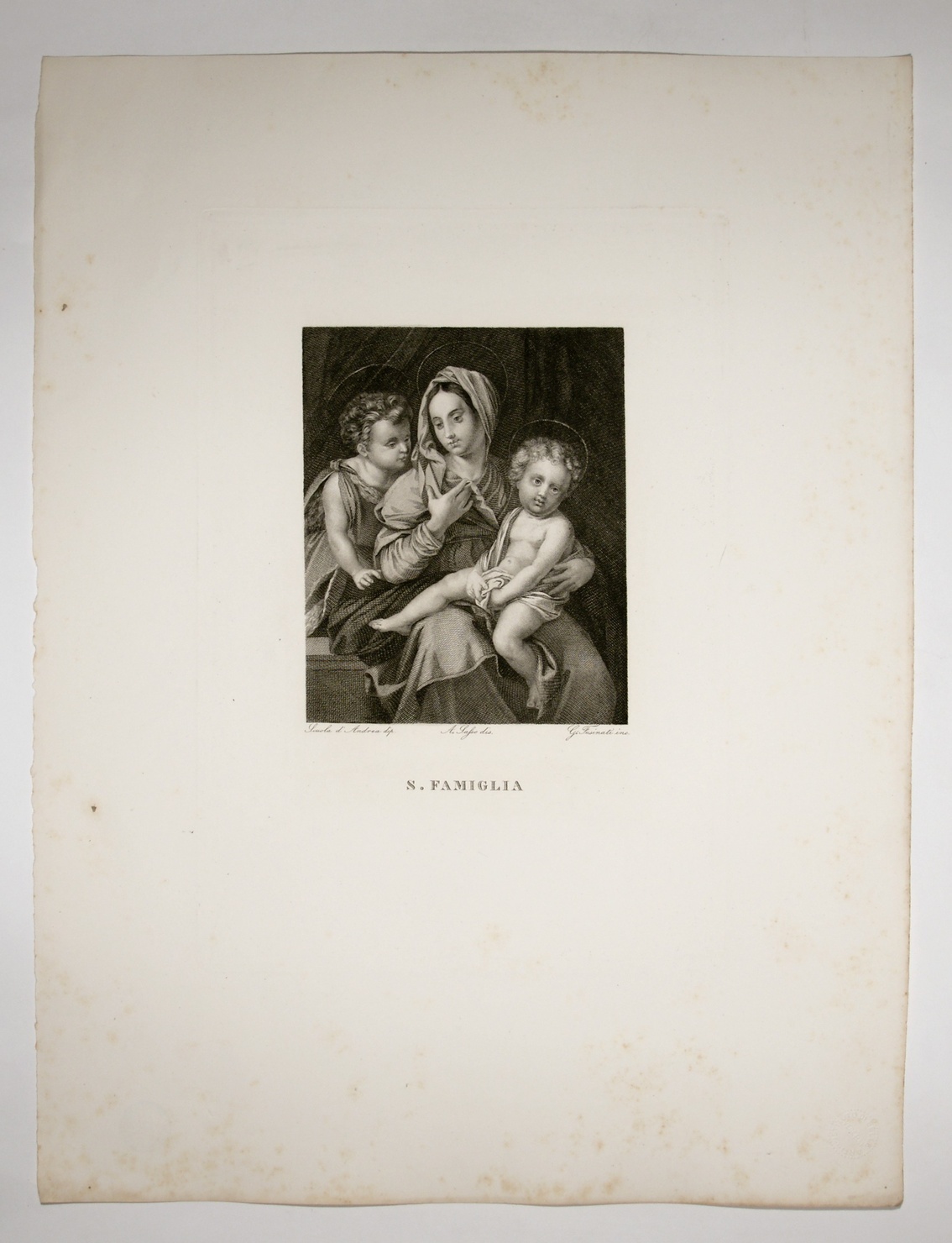 Sacra Famiglia, Sacra Famiglia con San Giovanni Battista bambino (stampa, serie) di Andrea d'Agnolo detto Andrea del Sarto (bottega), Sasso Giovanni Antonio, Fusinati Giuseppe (sec. XIX)