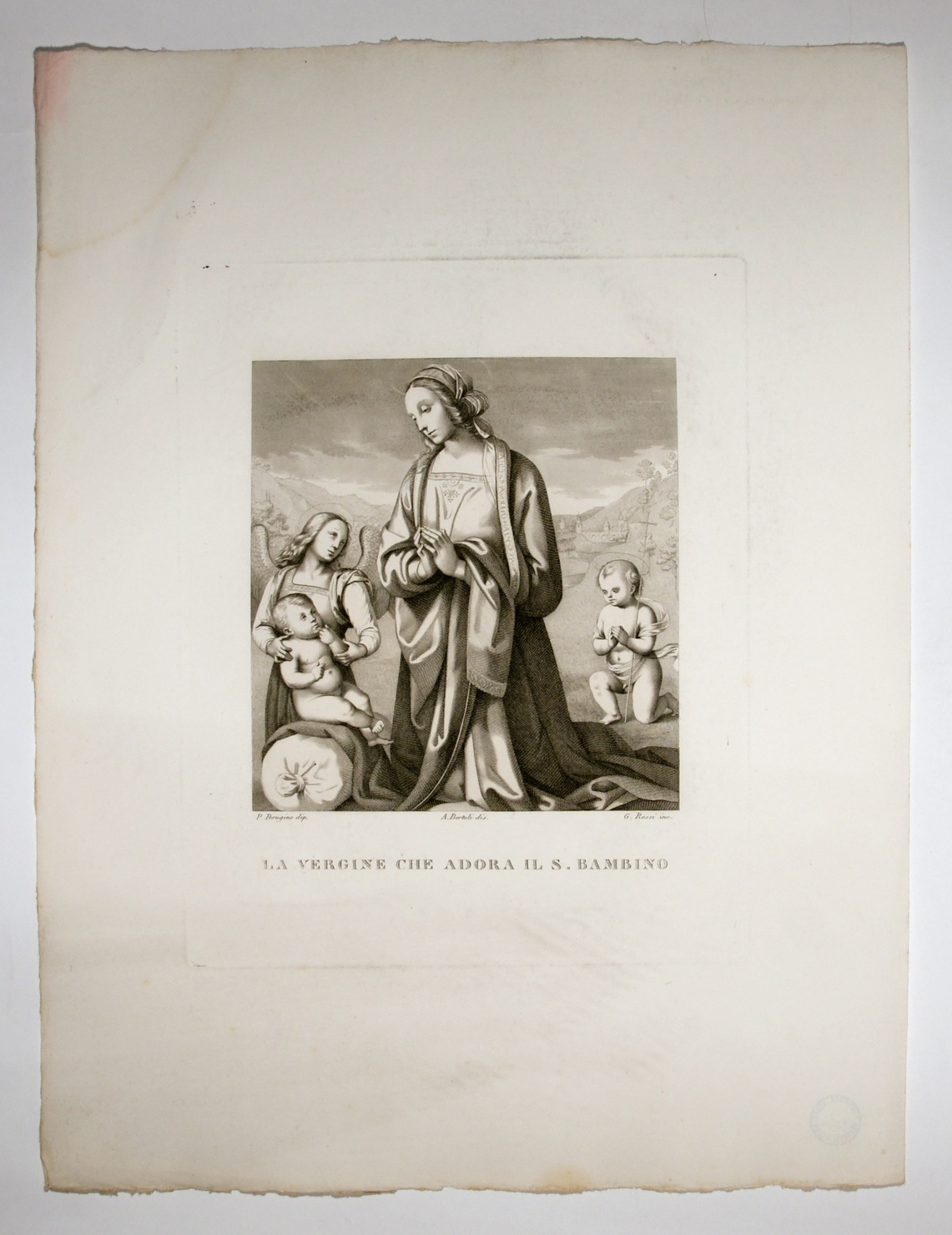 Adorazione del Bambino, adorazione di Gesù Bambino (stampa, serie) di Vannucci Pietro detto Perugino, Bertoli, Rossi Giuseppe (sec. XIX)