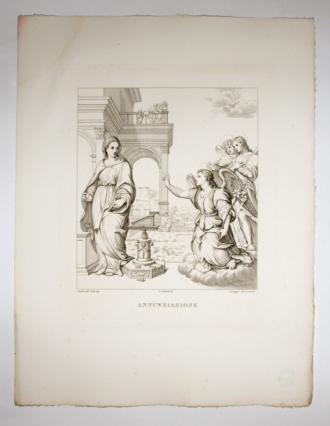 Annunciazione, Annunciazione (stampa, serie) di Andrea d'Agnolo detto Andrea del Sarto, Calendi Giuseppe, Rossi Giuseppe (sec. XIX)