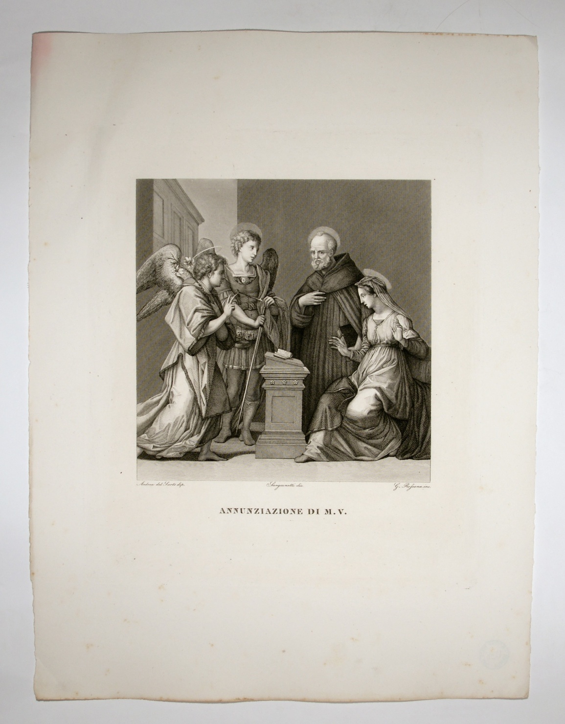 Annunciazione, Annunciazione (stampa, serie) di Andrea d'Agnolo detto Andrea del Sarto, Sanguinetti Gustavo, Rossena G (sec. XIX)