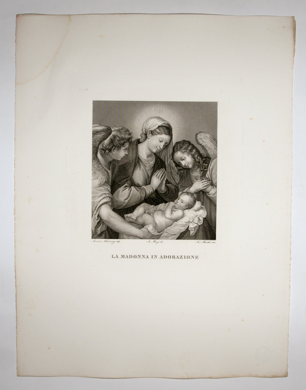 La Vergine che adora il Bambino, adorazione di Gesù Bambino (stampa, serie) di Vecellio Tiziano (bottega), Muzzi Antonio, Marchi Antonio (sec. XIX)