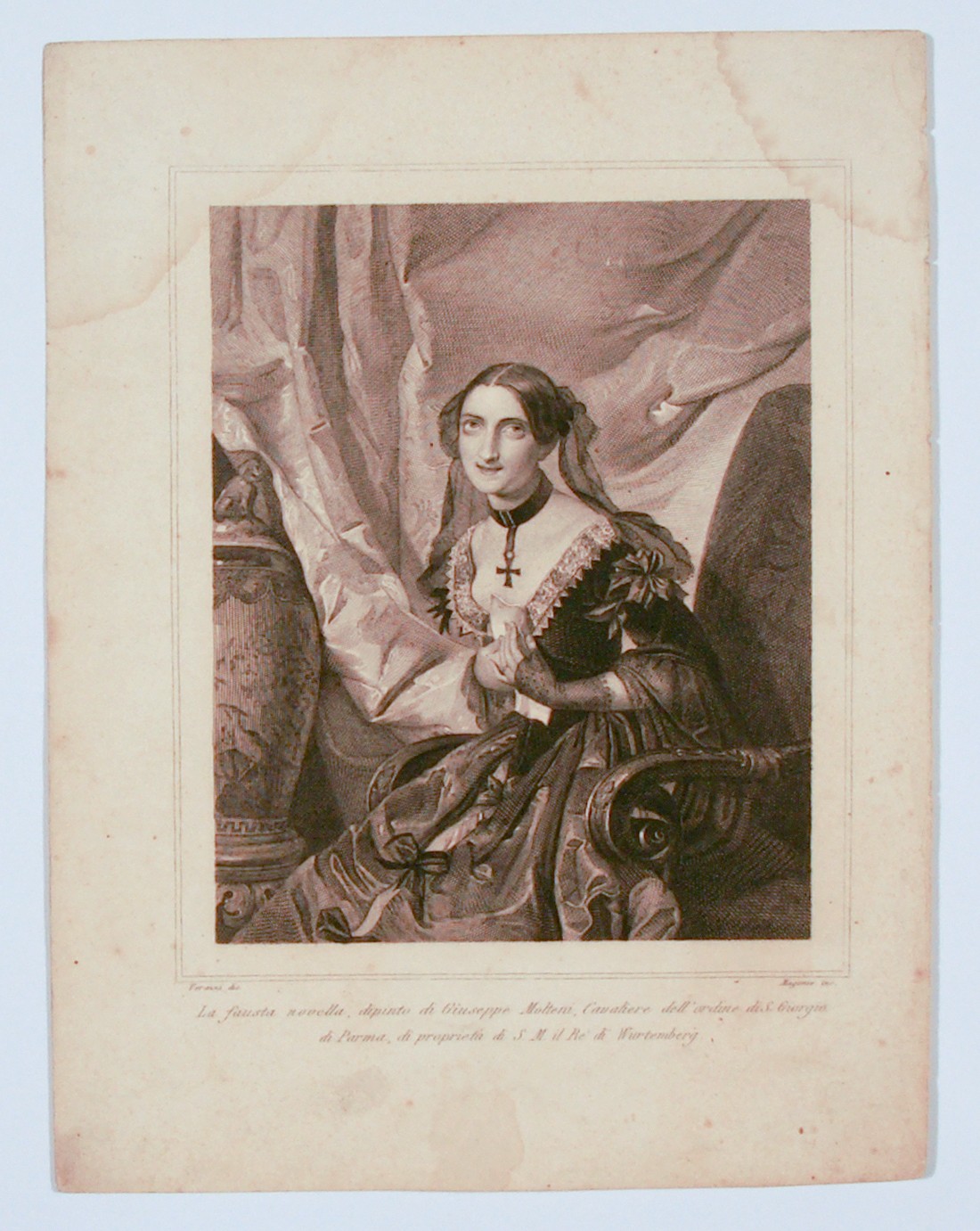 La fausta novella, figura femminile seduta (stampa) di Molteni Giuseppe, Verrazzi, Magonni Giuseppe (inizio sec. XIX)