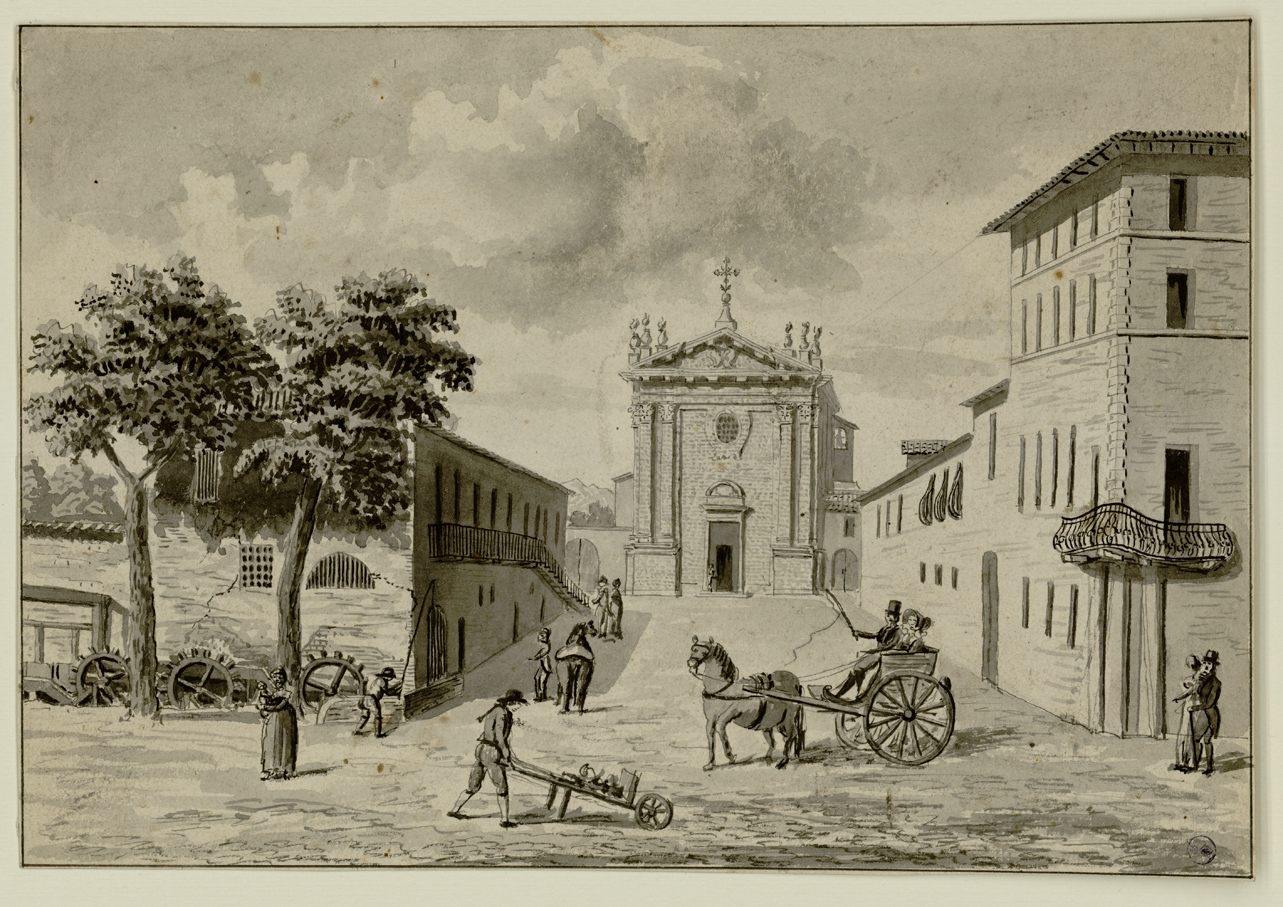 piazzetta e chiesa della Pieve a Savigliano (disegno) di Bagetti Giuseppe Pietro (fine/ metà secc. XVIII-XIX)