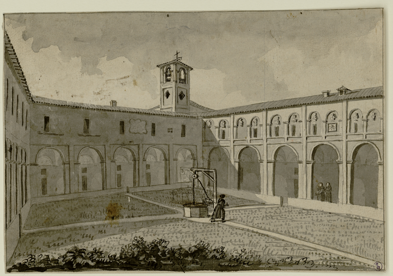 veduta del chiostro di San Francesco a Savigliano (disegno) di Bagetti Giuseppe Pietro (fine/ metà secc. XVIII-XIX)