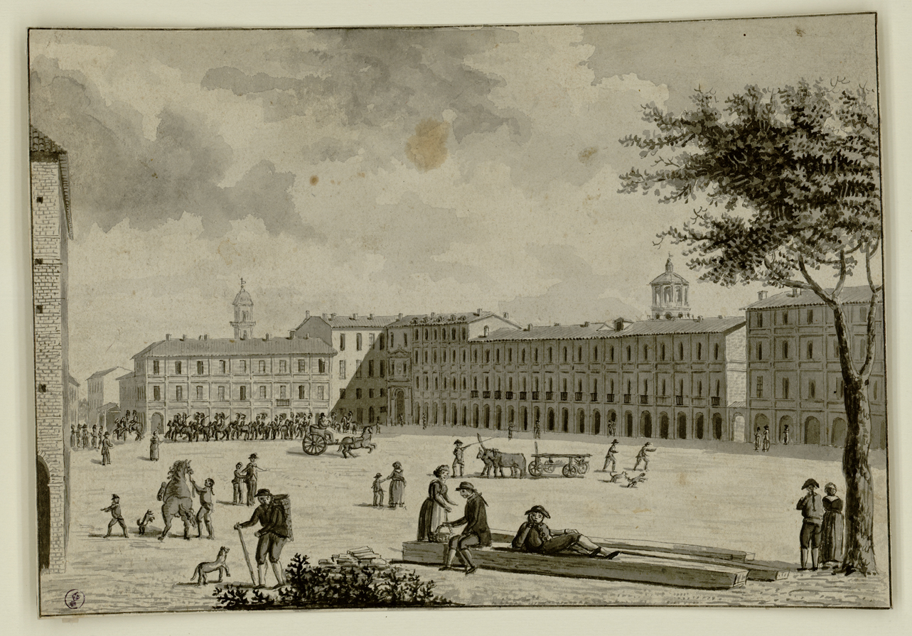 veduta della Piazza Nuova a Savigliano (disegno) di Bagetti Giuseppe Pietro (fine/ metà secc. XVIII-XIX)