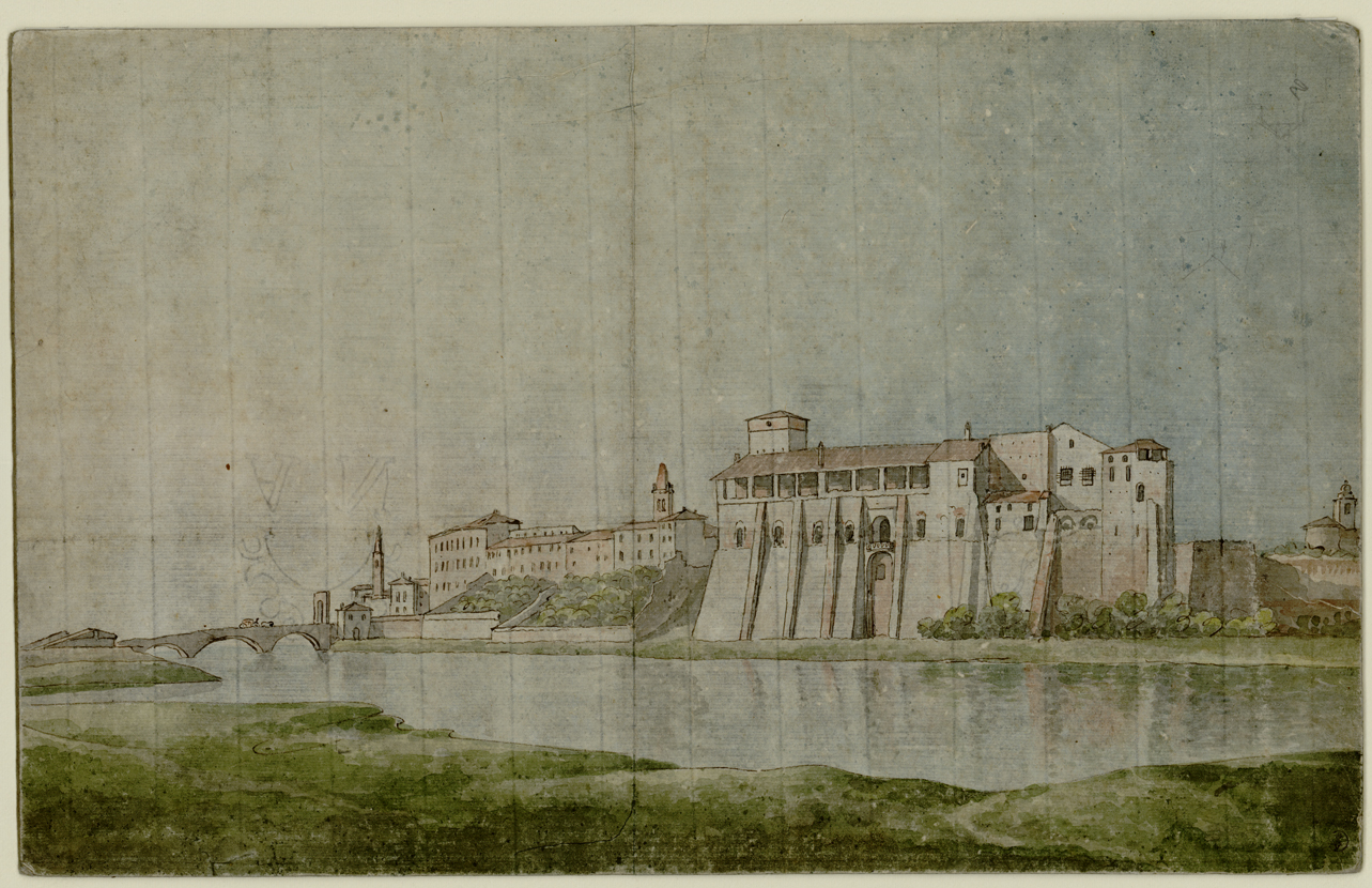 veduta del castello di Cassano d'Adda (disegno) di Bagetti Giuseppe Pietro (fine/ metà secc. XVIII-XIX)