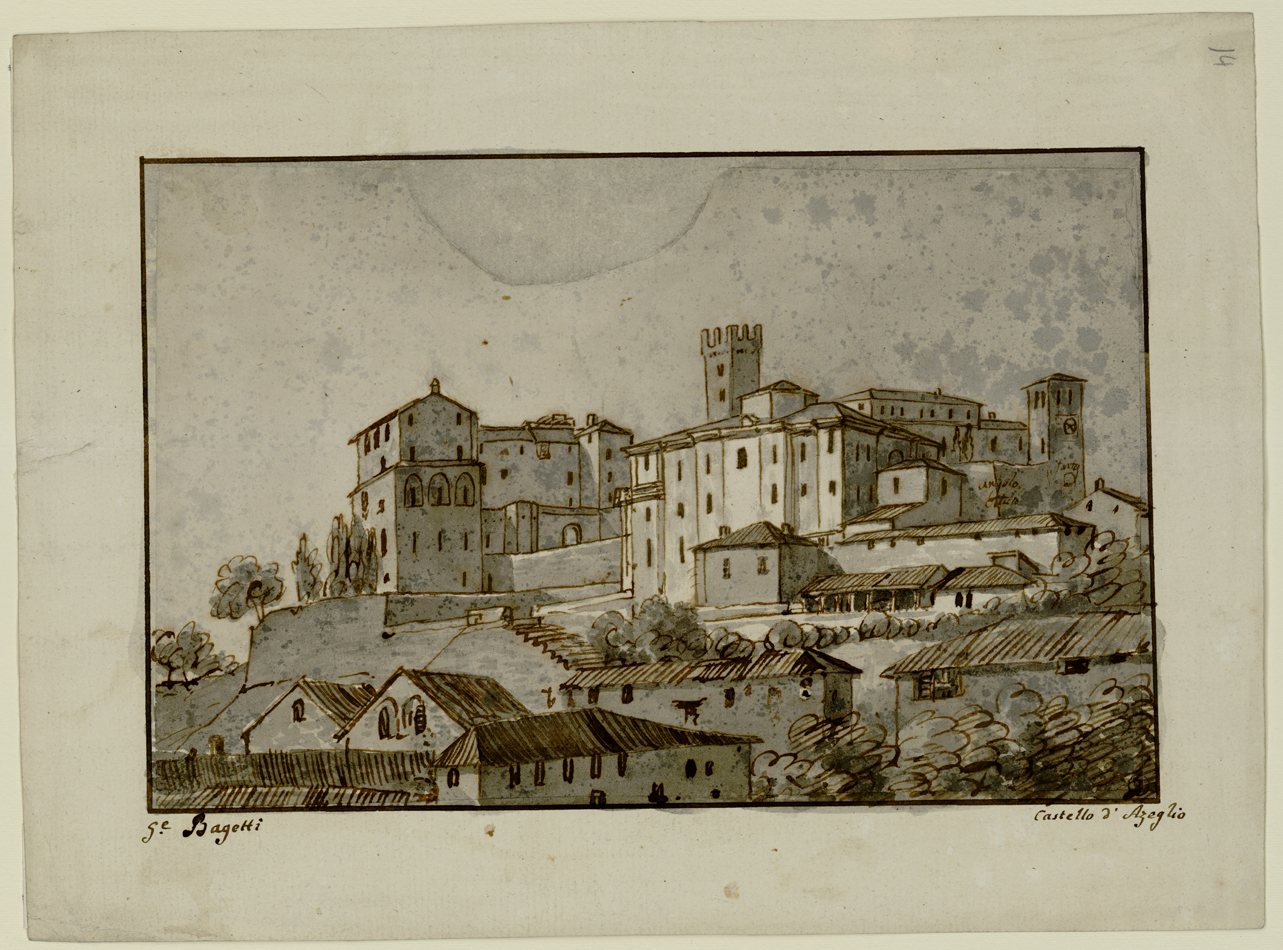 Castello d'Azeglio, veduta del Castello d'Azeglio (disegno) di Bagetti Giuseppe Pietro (fine/ metà secc. XVIII-XIX)