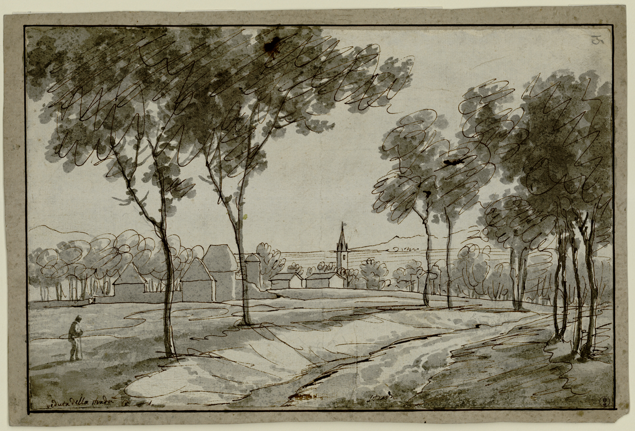 Veduta della strada di [...], veduta di una strada (disegno) di Bagetti Giuseppe Pietro (fine/ metà secc. XVIII-XIX)