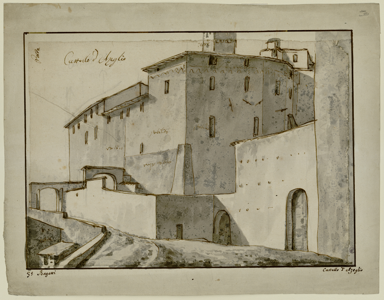 Castello d'Azeglio, veduta del castello d'Azeglio (disegno) di Bagetti Giuseppe Pietro (fine/ metà secc. XVIII-XIX)