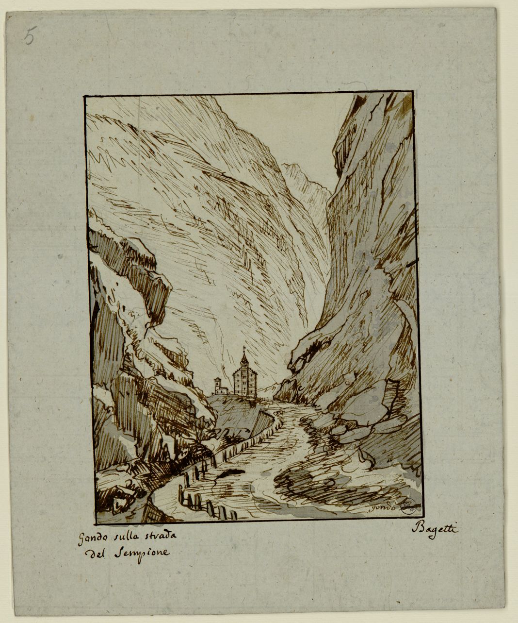 Gondo sulla strada del Sempione, veduta di Gondo (disegno) di Bagetti Giuseppe Pietro (fine/ metà secc. XVIII-XIX)