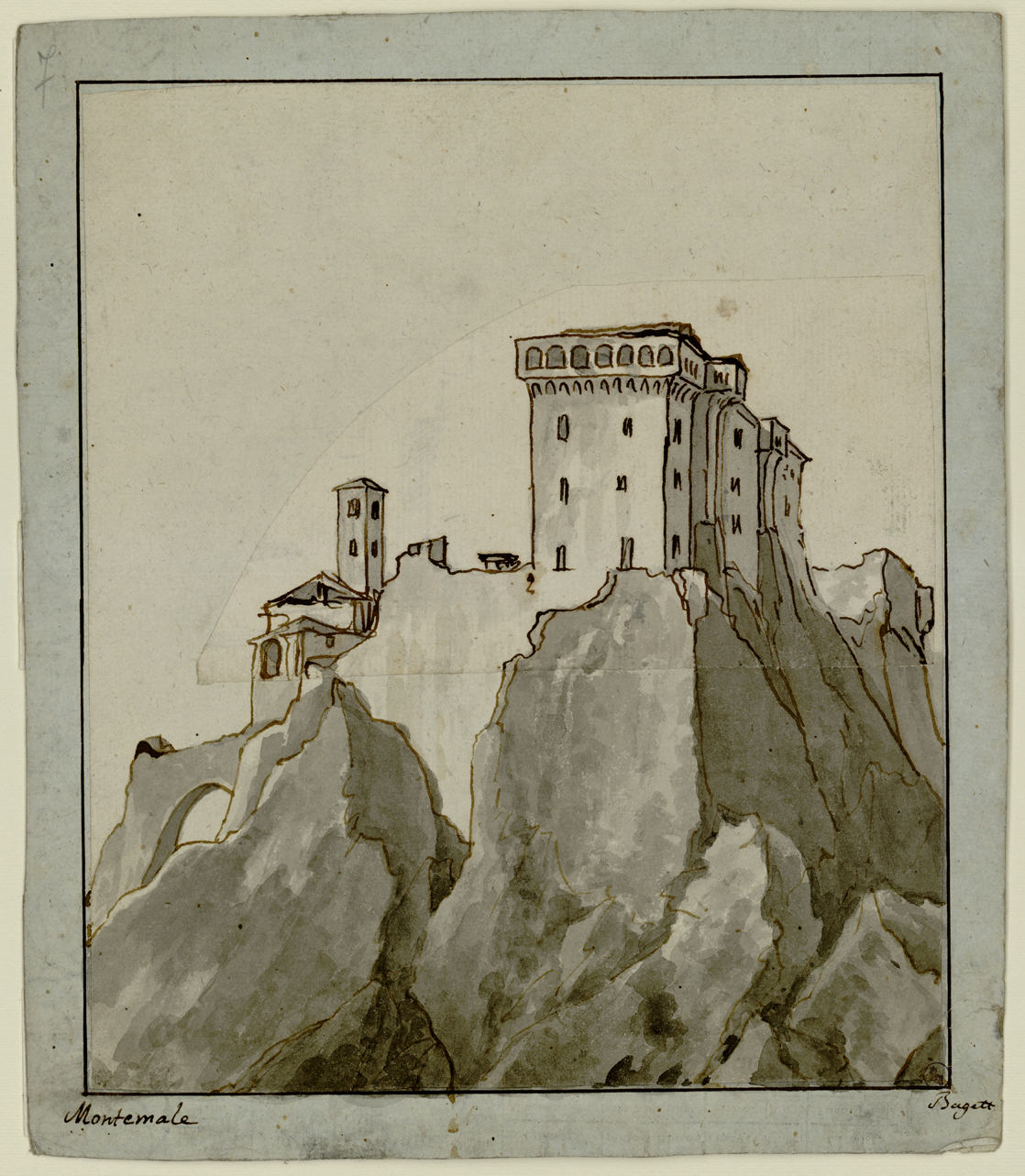 Montemale, veduta del castello di Montemale (disegno) di Bagetti Giuseppe Pietro (fine/ metà secc. XVIII-XIX)