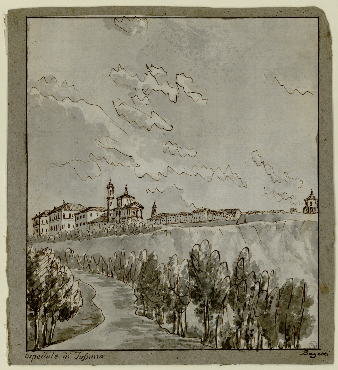 Ospedale di Fossano, veduta dell'Ospedale di Fossano (disegno) di Bagetti Giuseppe Pietro (inizio sec. XIX)