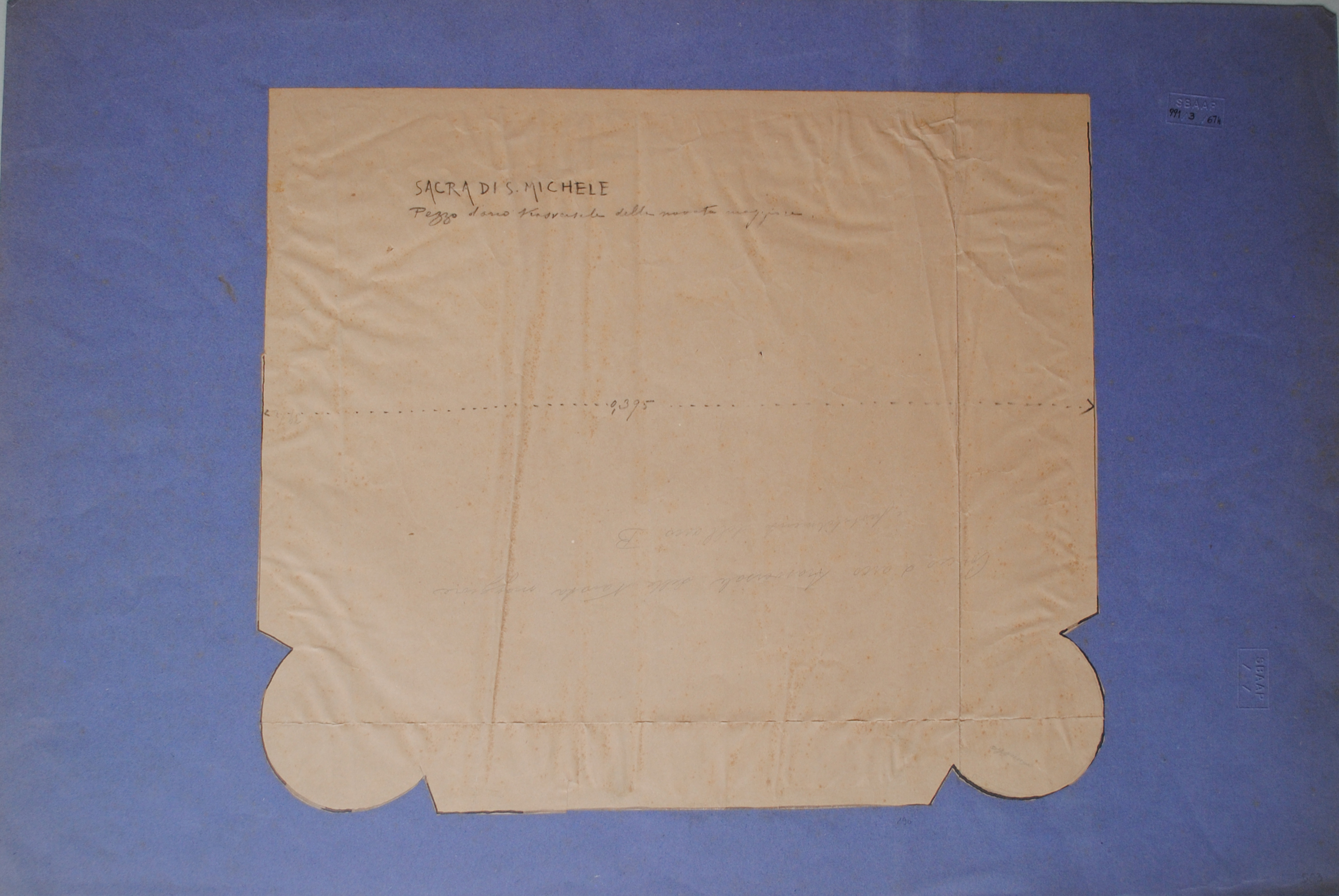 Sacra di S. Michele. Pezzo d'arco trasversale della navata maggiore, Sacra di San Michele della Chiusa a Sant'Ambrogio di Susa (TO) (sagoma) - ambito piemontese (nr)