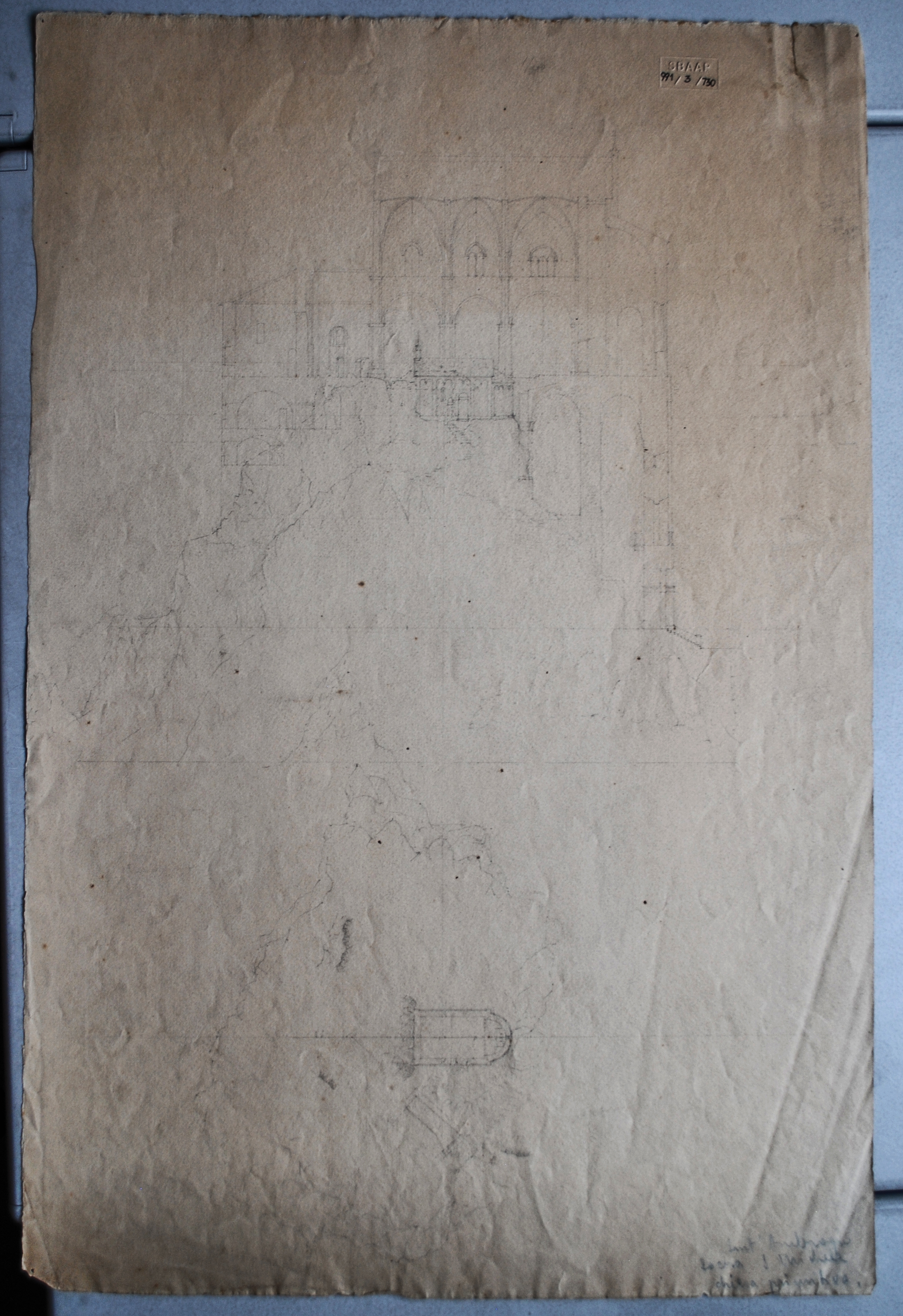 Sant'Ambrogio - Sacra S. Michele - chiesa primitiva, Sacra di San Michele della Chiusa a Sant'Ambrogio di Susa/ chiesa primitiva (TO) (disegno architettonico) - ambito piemontese (nr)