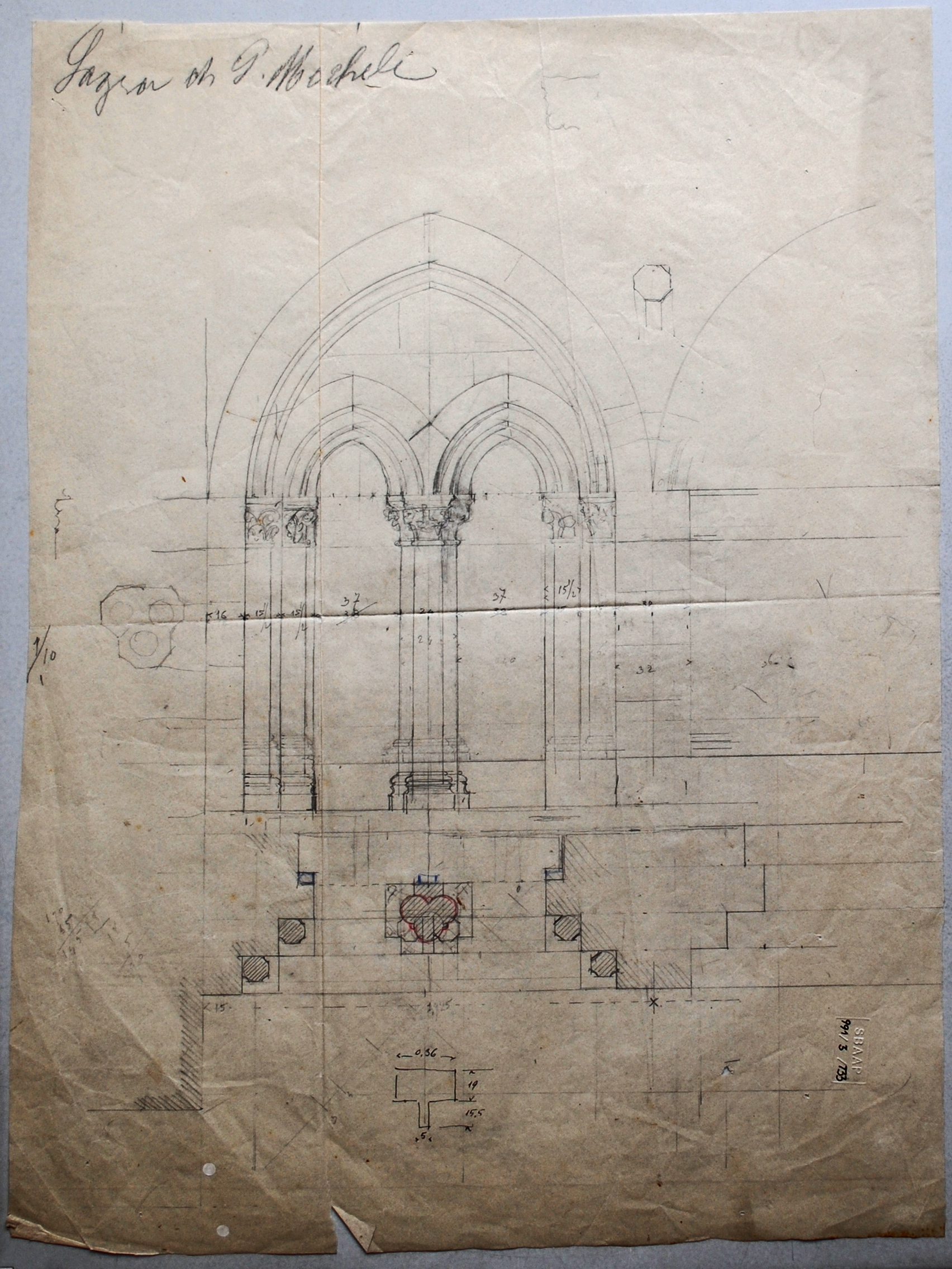 Sacra di San Michele della Chiusa a Sant'Ambrogio di Susa (TO)/ bifora (disegno architettonico) - ambito piemontese (nr)