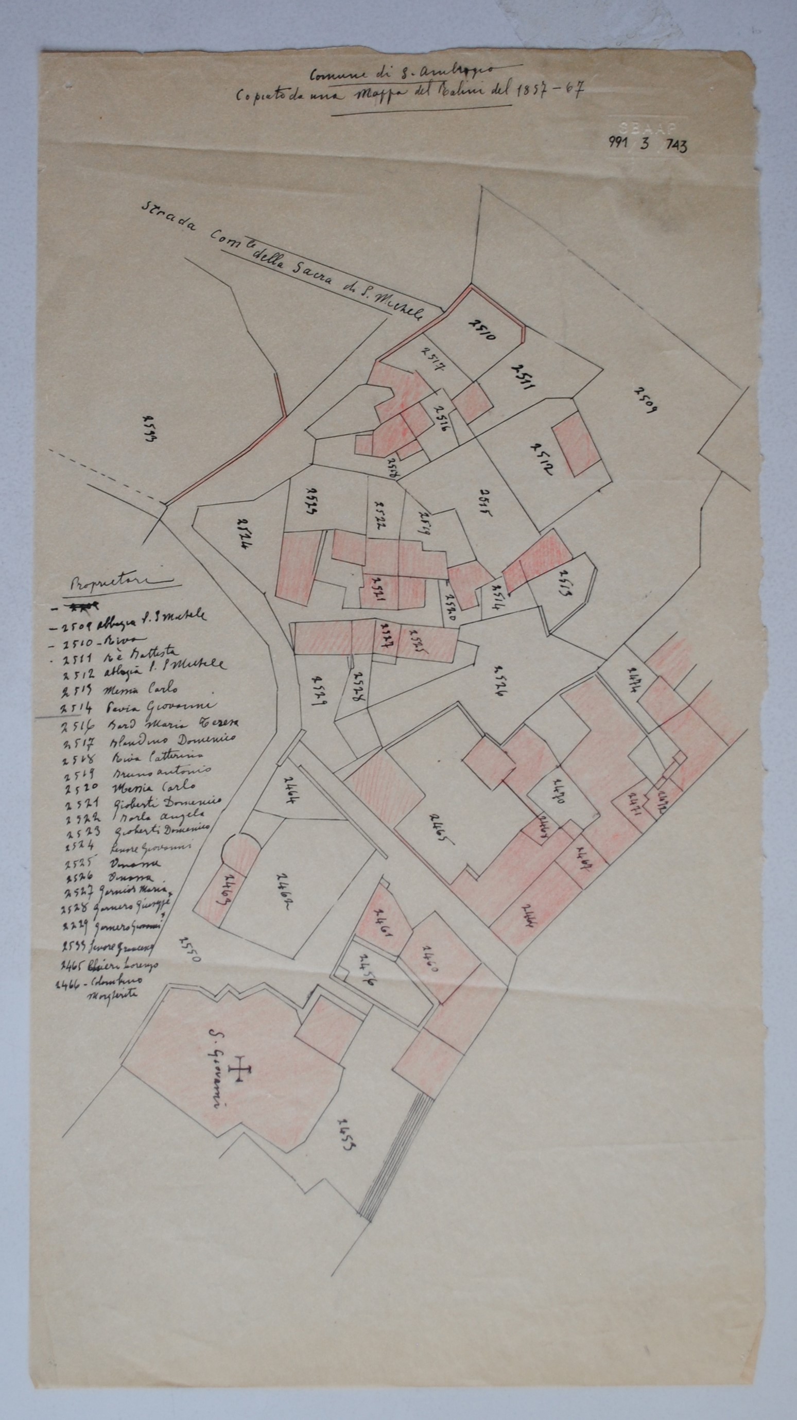 Comune di Sant'Ambrogio. Estratto di mappa copiato da una mappa del Ralini del 1857-67, Sant'Ambrogio di Susa (TO) (disegno tecnico) - ambito piemontese (nr)