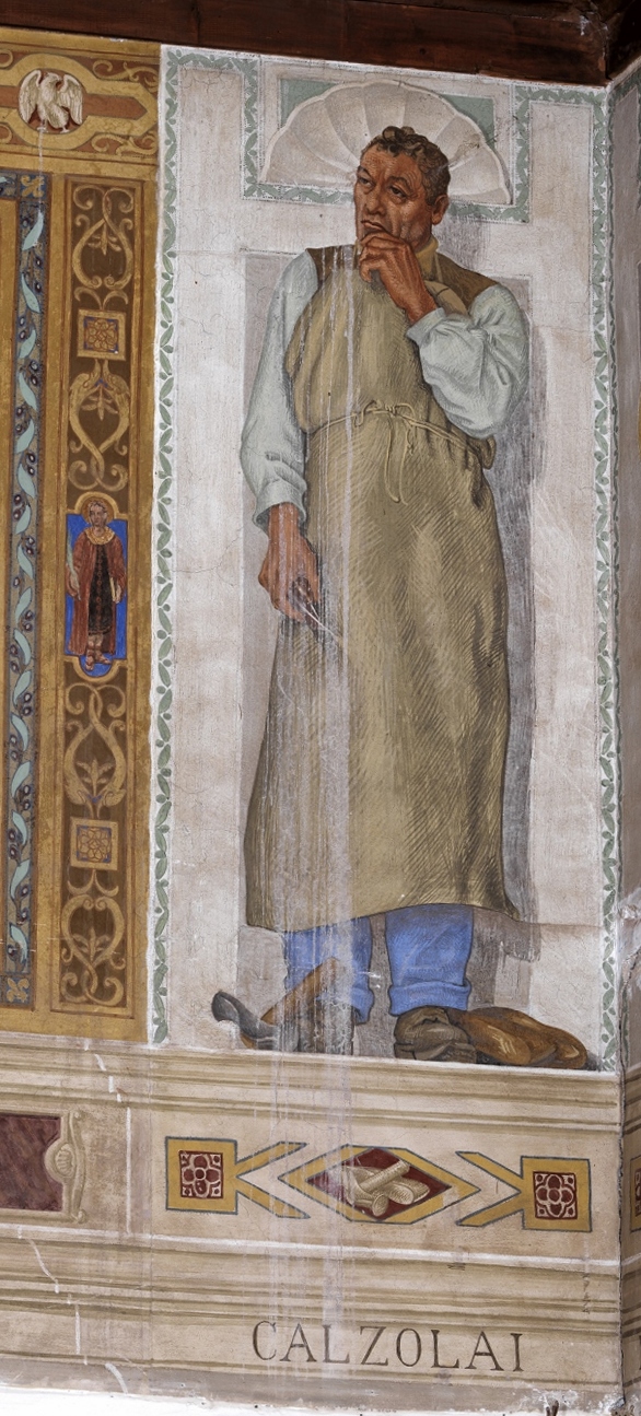 Calzolai, l'arte e il mestiere dei calzolai (decorazione pittorica, elemento d'insieme) di Notte Emilio (prima metà XX)