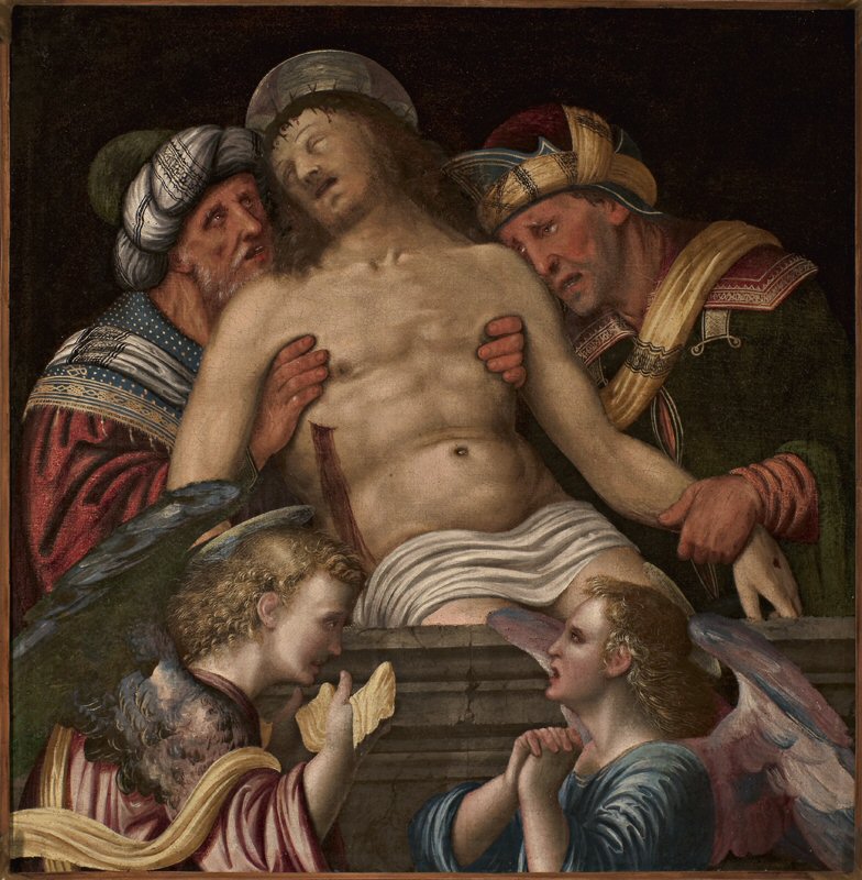 Cristo in pietà sorretto da Nicodemo e Giuseppe d'Arimatea con due angeli dolenti (dipinto) di Nicolas Régnier (inizio XVI)