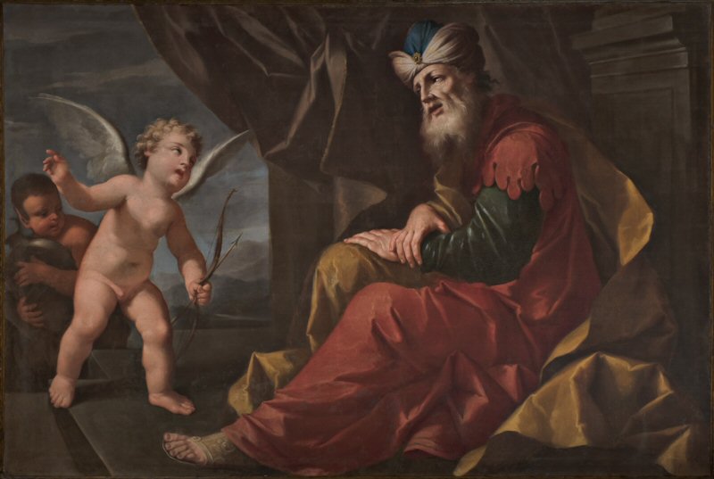 Figura maschile con amorino, (Filosofo?) (dipinto) di Girolamo Negri (XVII-XVIII)