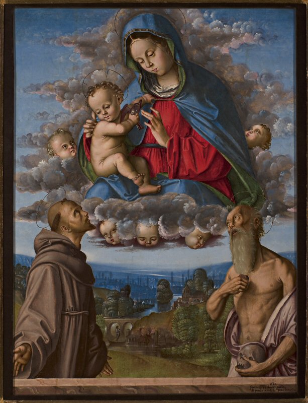 Madonna con Bambino in gloria, adorata dai santi Francesco d'Assisi e Girolamo (dipinto) di Zaganelli, Francesco (XVI)