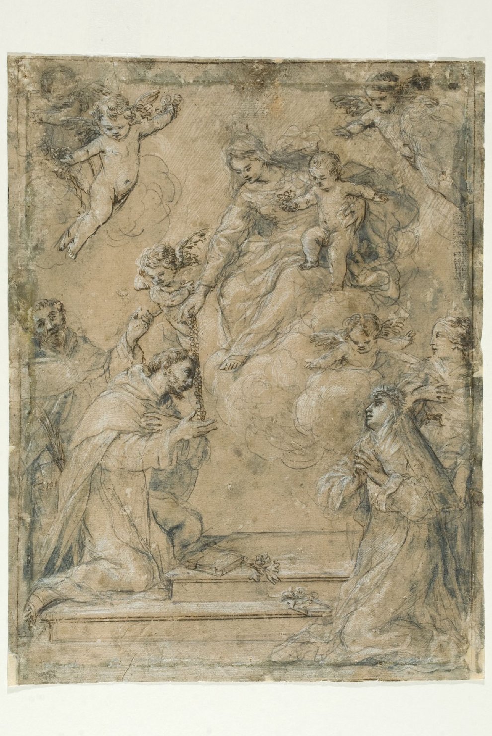 Madonna del Rosario con San Domenico e Santa Caterina da Siena (disegno preparatorio, opera isolata) di Lanfranco Giovanni (sec. XVII)