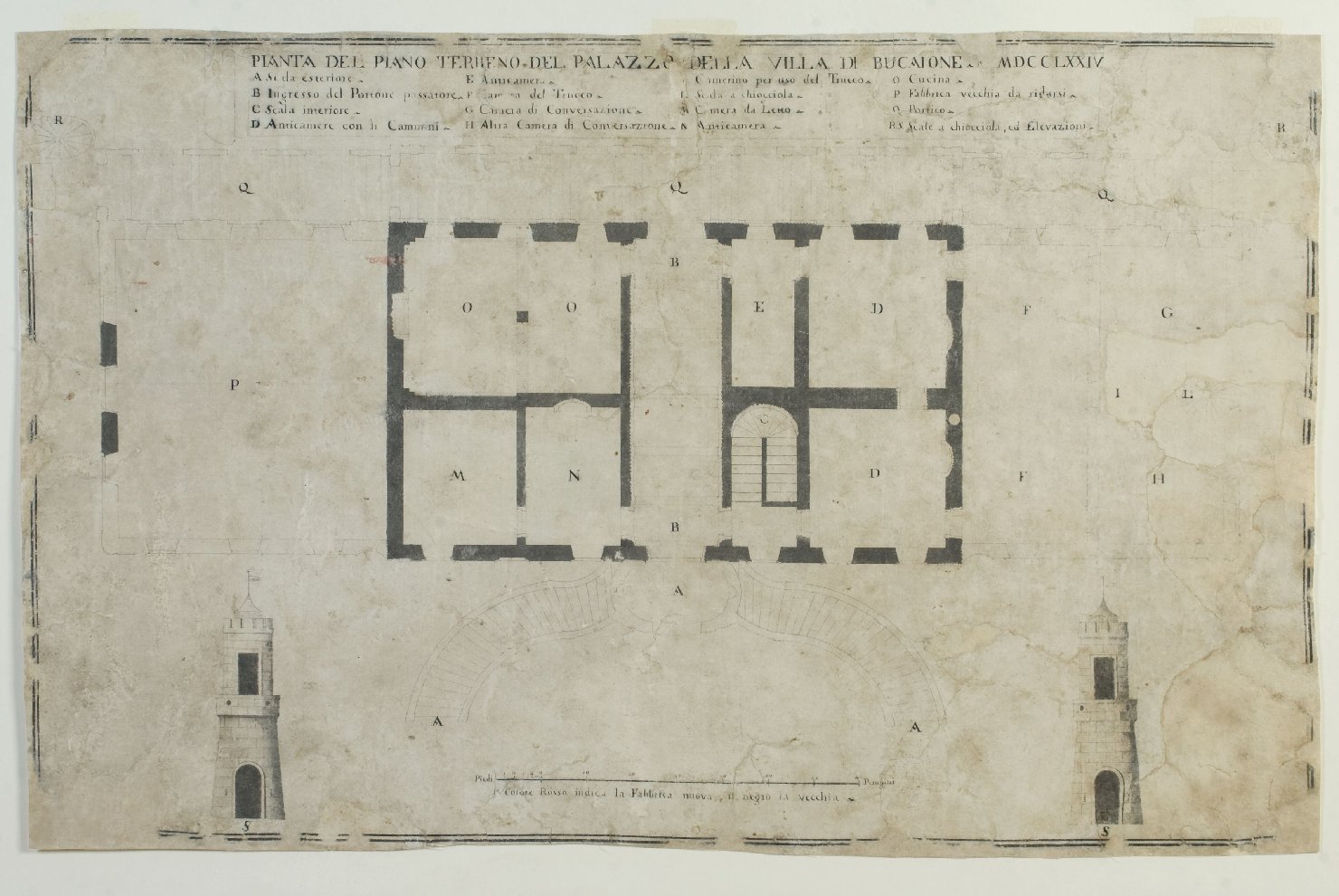 pianta del piano terreno del palazzo di villa del Bucaione, pianta di edificio (disegno, elemento d'insieme) - ambito umbro (terzo quarto sec. XVIII)