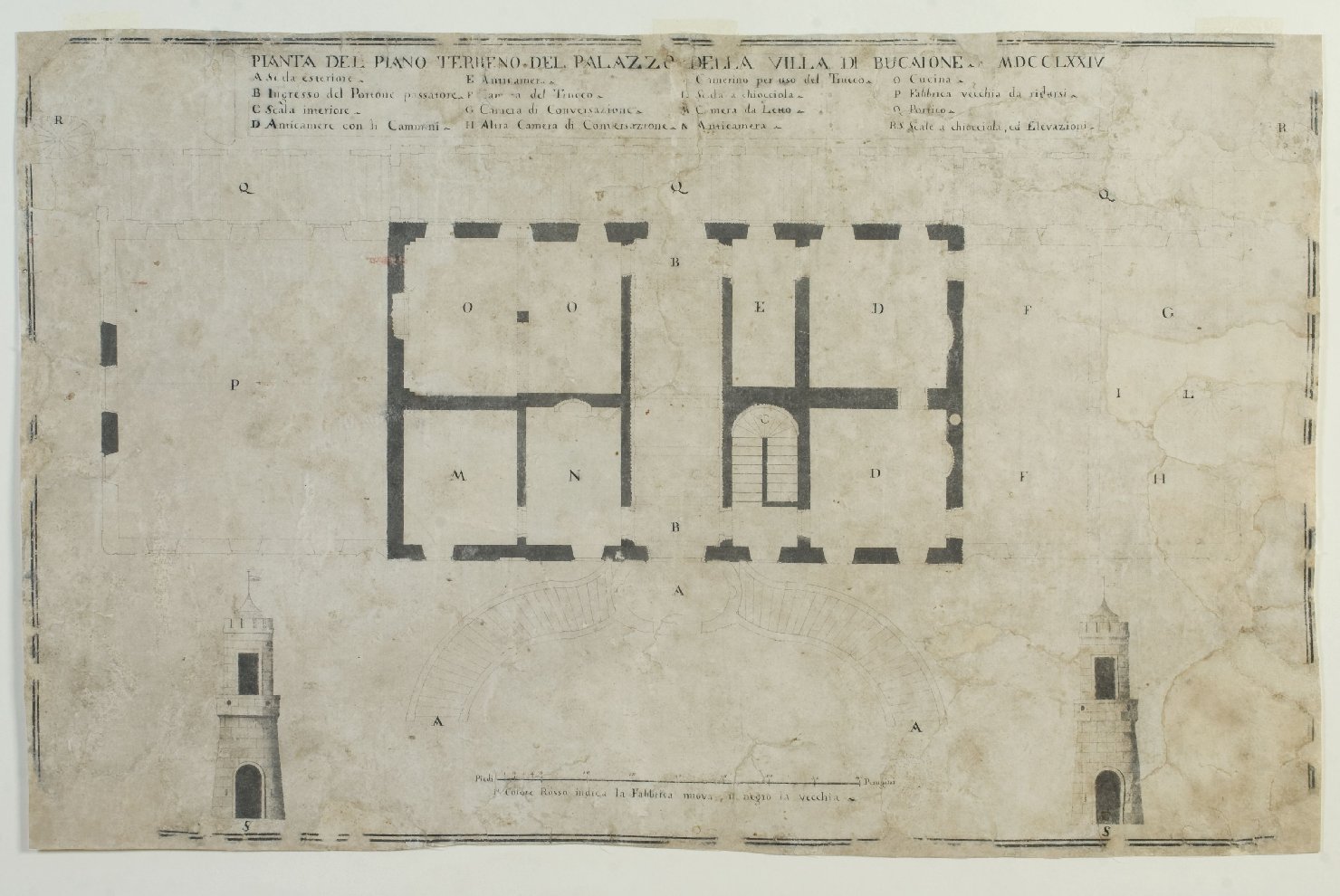 pianta del piano terreno del palazzo di villa del Bucaione, pianta di edificio (disegno, elemento d'insieme) - ambito umbro (terzo quarto sec. XVIII)