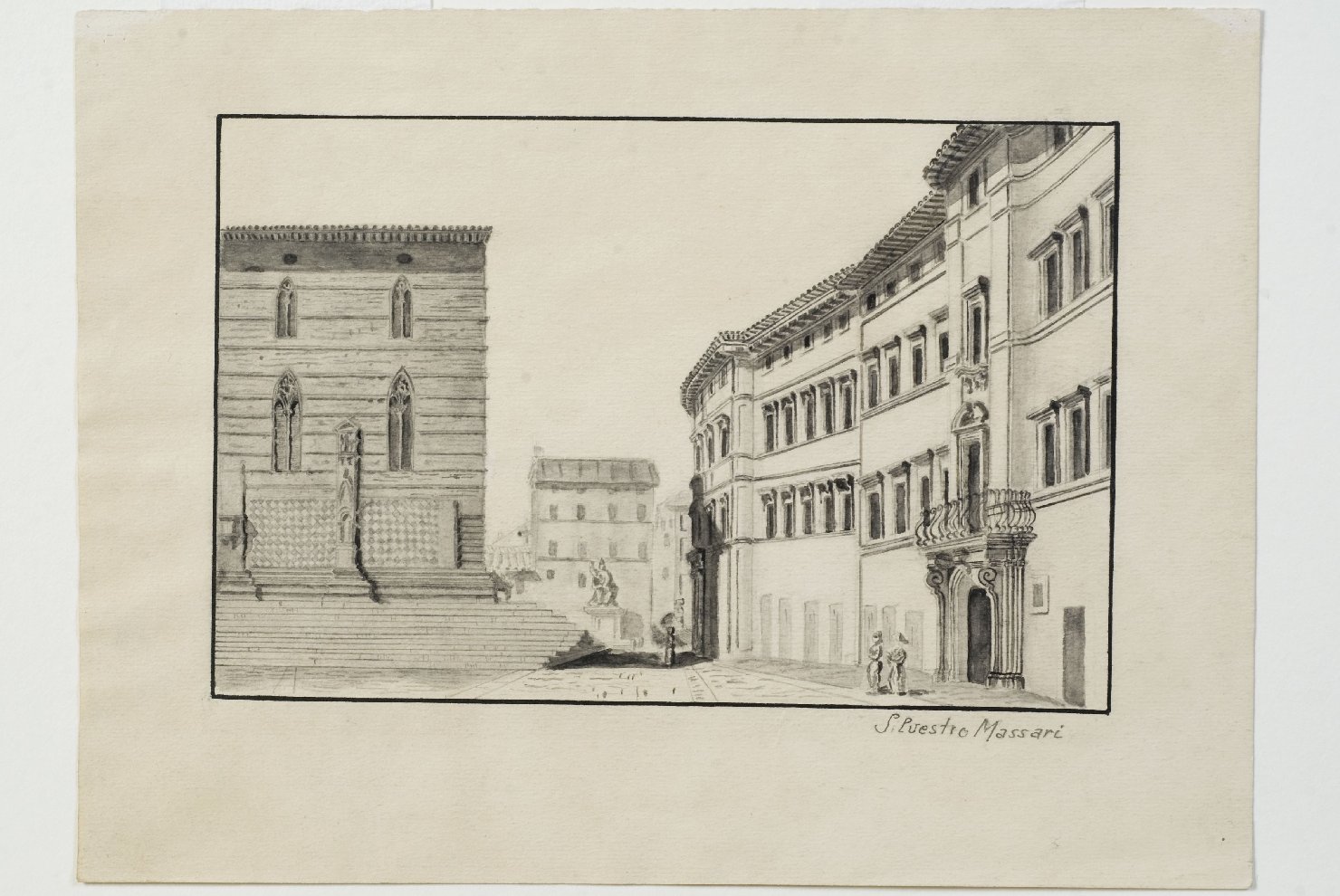 Piazza Grande di Perugia, veduta della piazza di Perugia (disegno, opera isolata) di Massari Silvestro (sec. XIX)