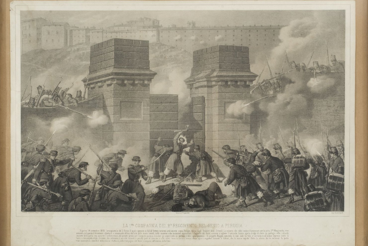 La prima campagna del 2° reggimento del Genio a Perugia, veduta di Perugia (stampa) di Bucco, Luigi, Villa, Giovanni Battista (sec. XIX)
