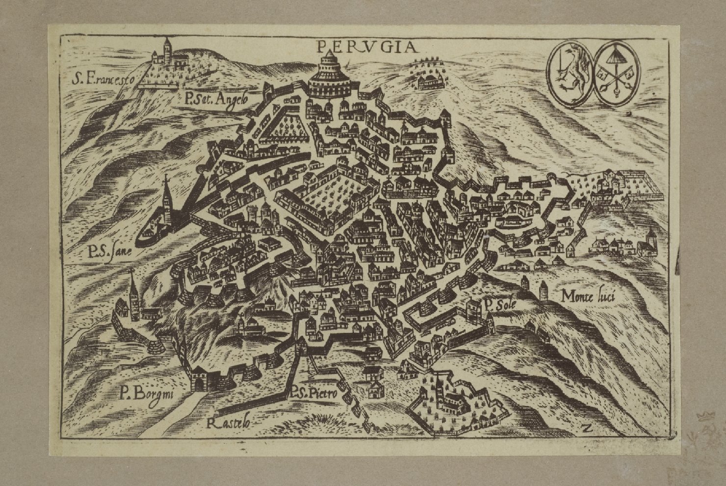 veduta della città di Perugia, veduta di città (stampa) di Bertelli, Pietro (secc. XVI/ XVII)